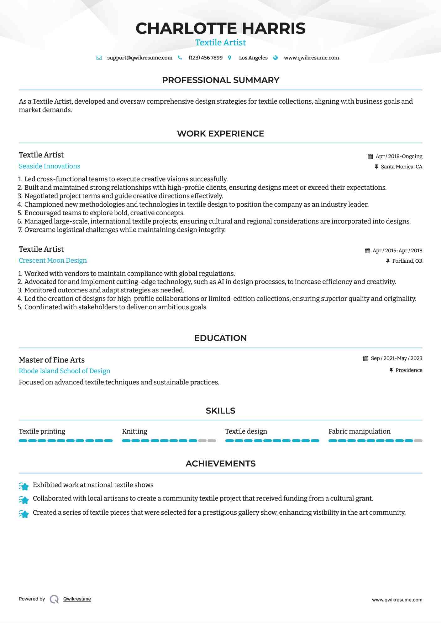 Textile Artist Resume Template