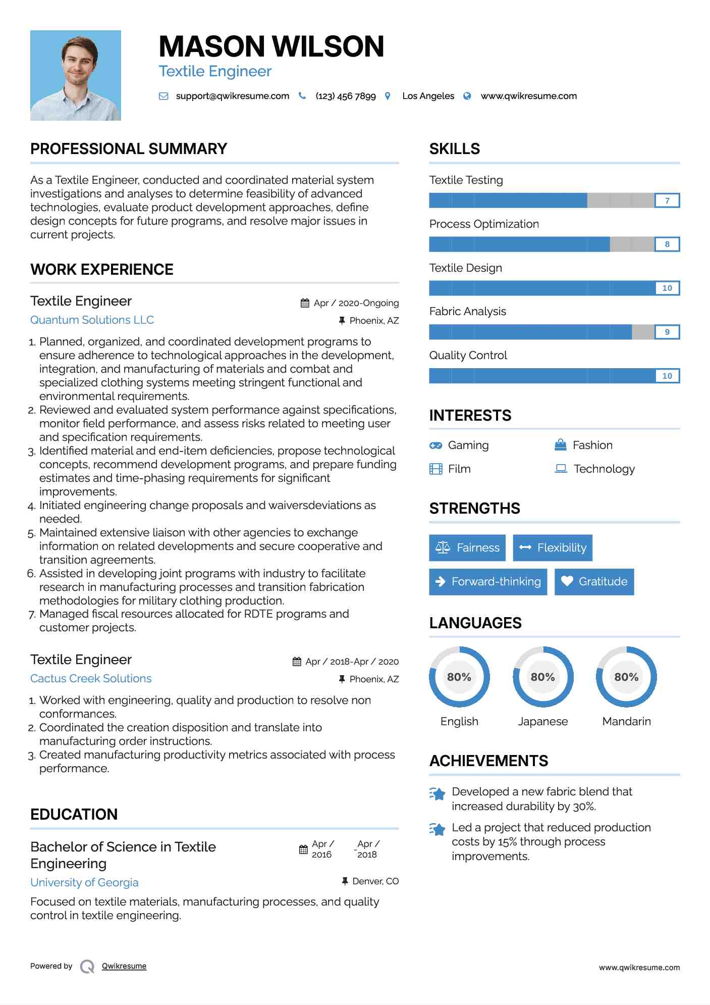 Textile Engineer Resume Example