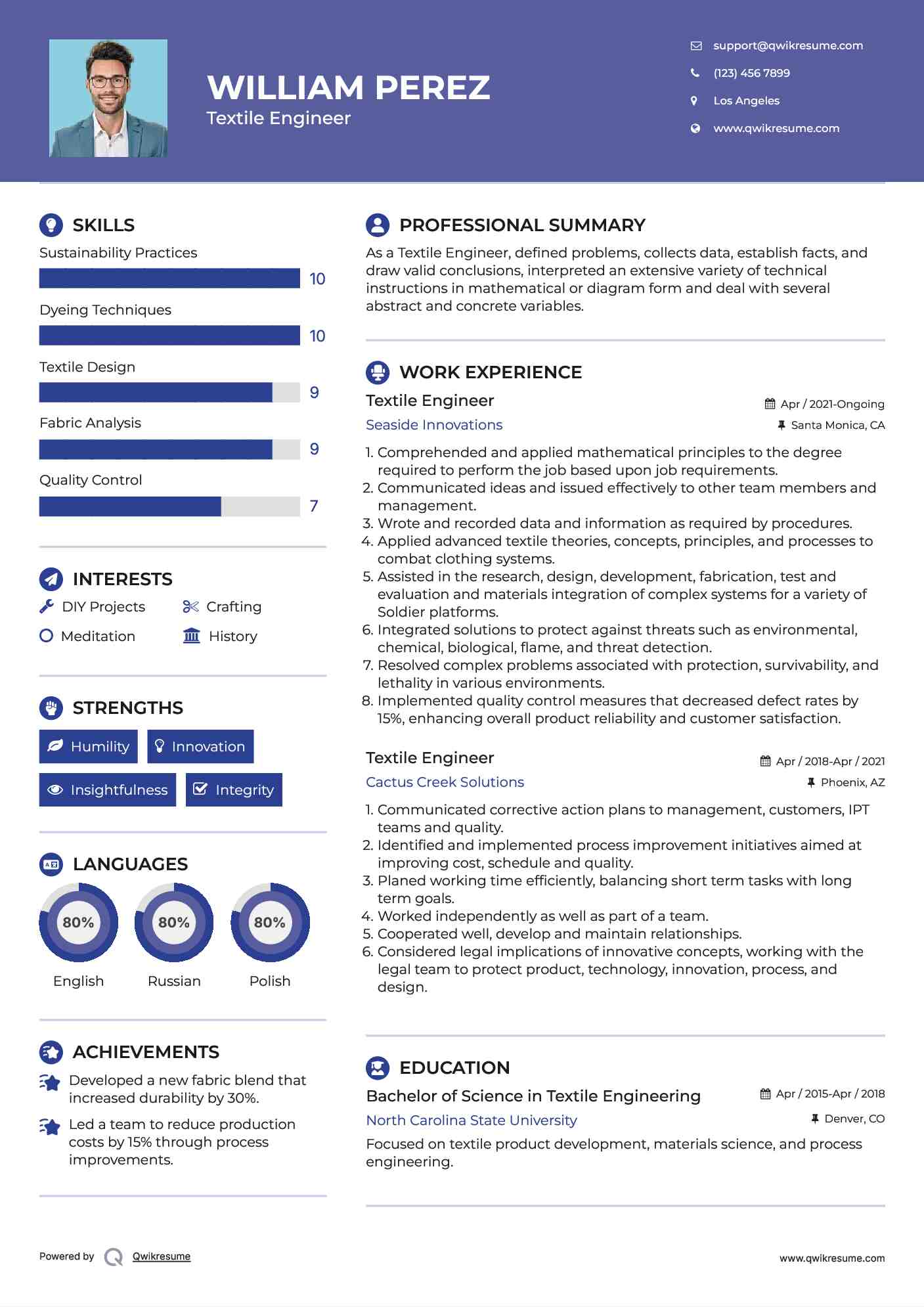 Textile Engineer Resume Sample