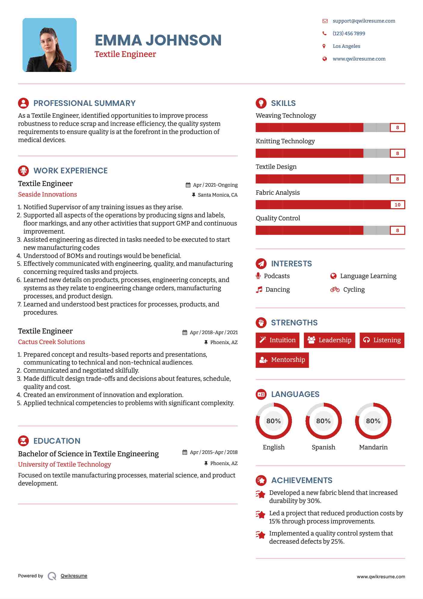 Textile Engineer Resume Format