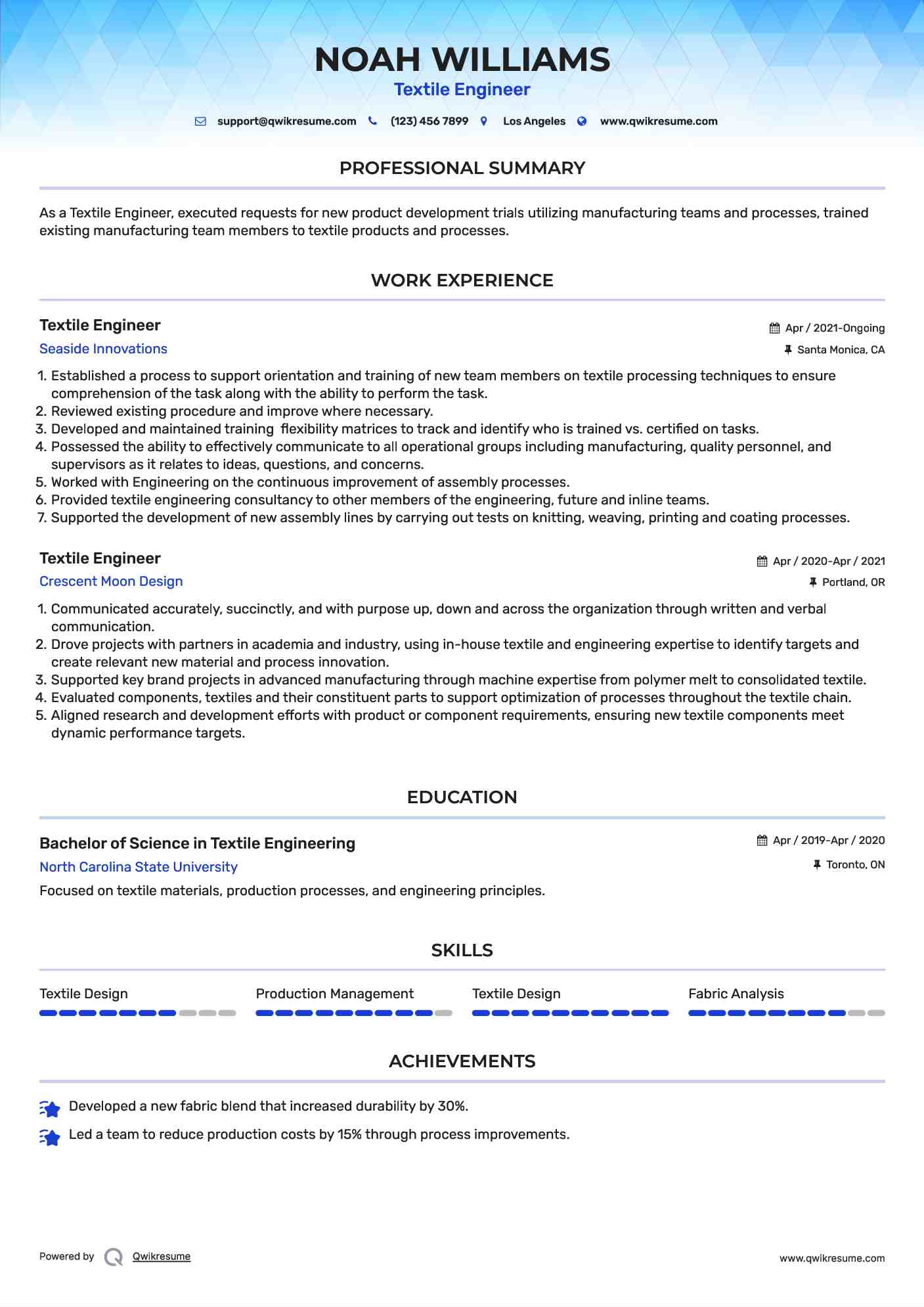Textile Engineer Resume Sample