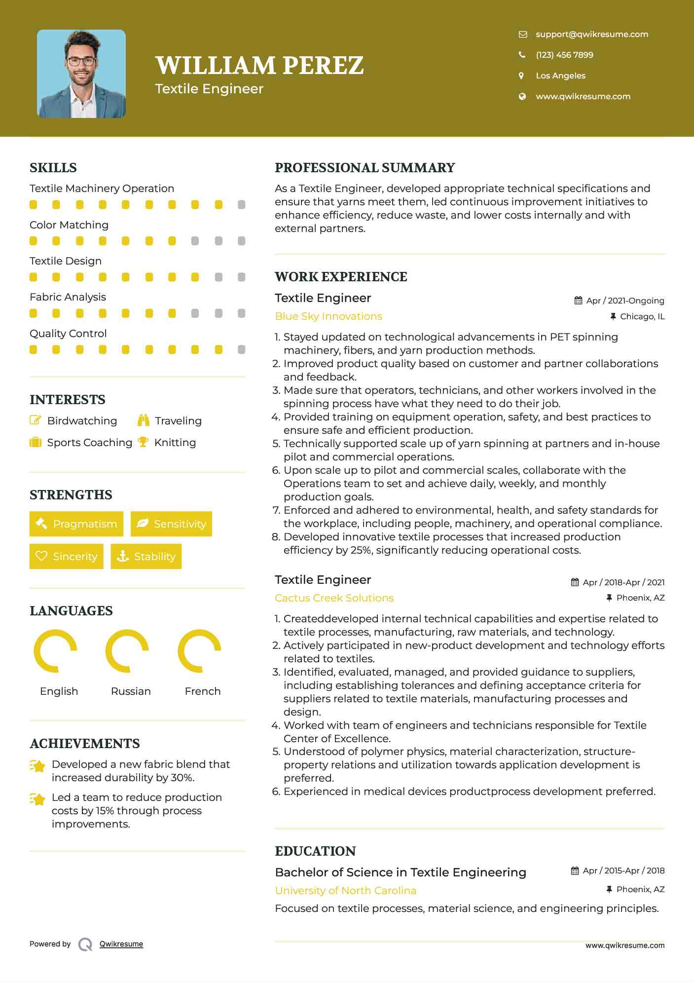 Textile Engineer Resume Sample