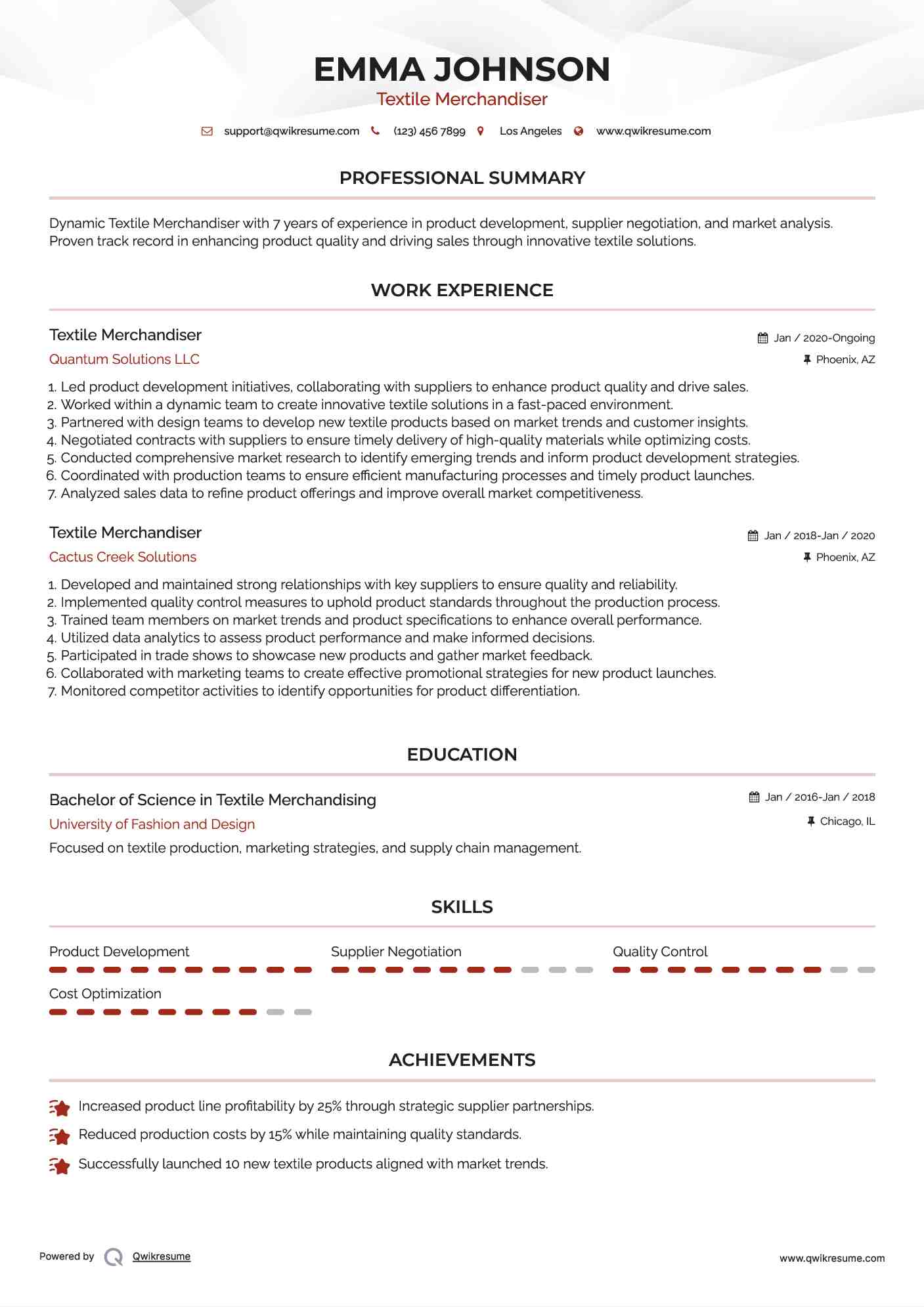 Textile Merchandiser Resume Format