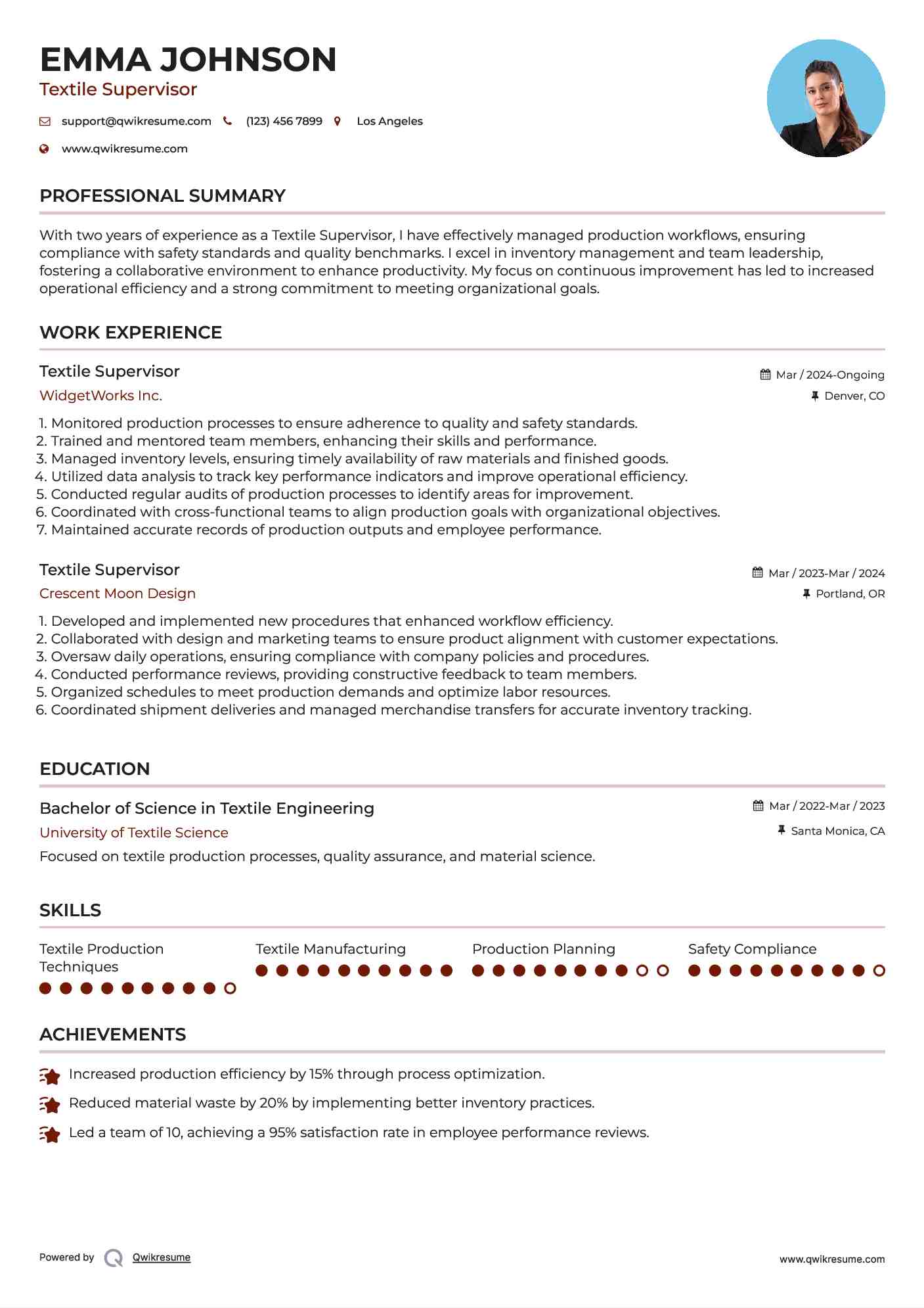 Textile Supervisor Resume Example