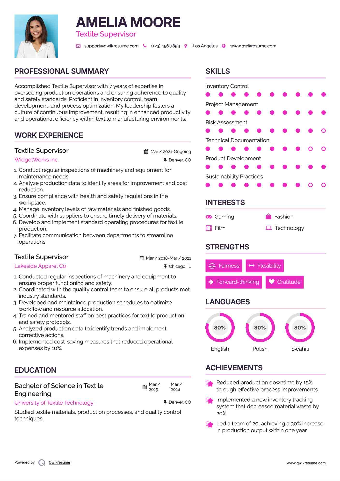 Textile Supervisor Resume Model