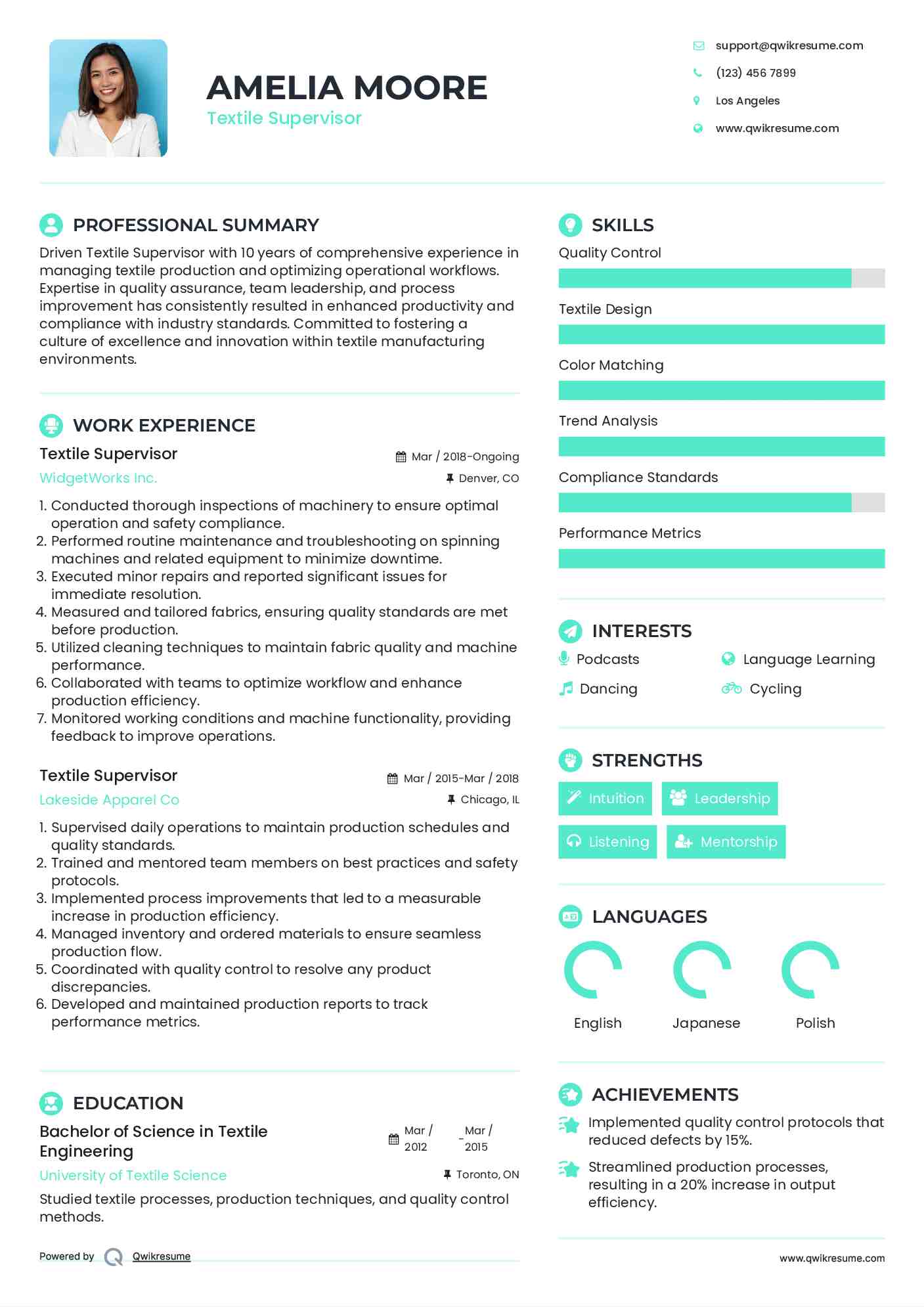 Textile Supervisor Resume Format