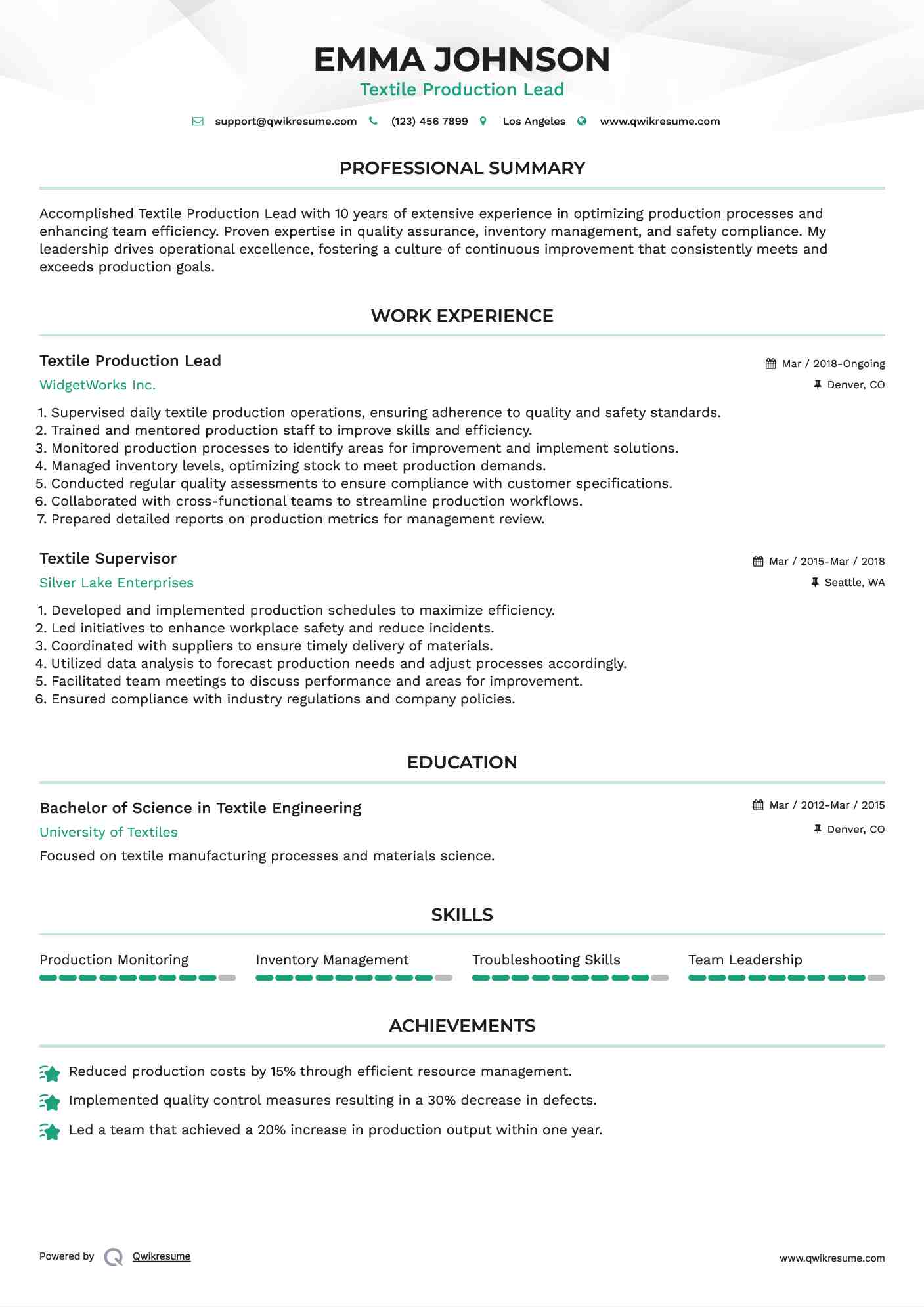 Textile Production Lead Resume Template