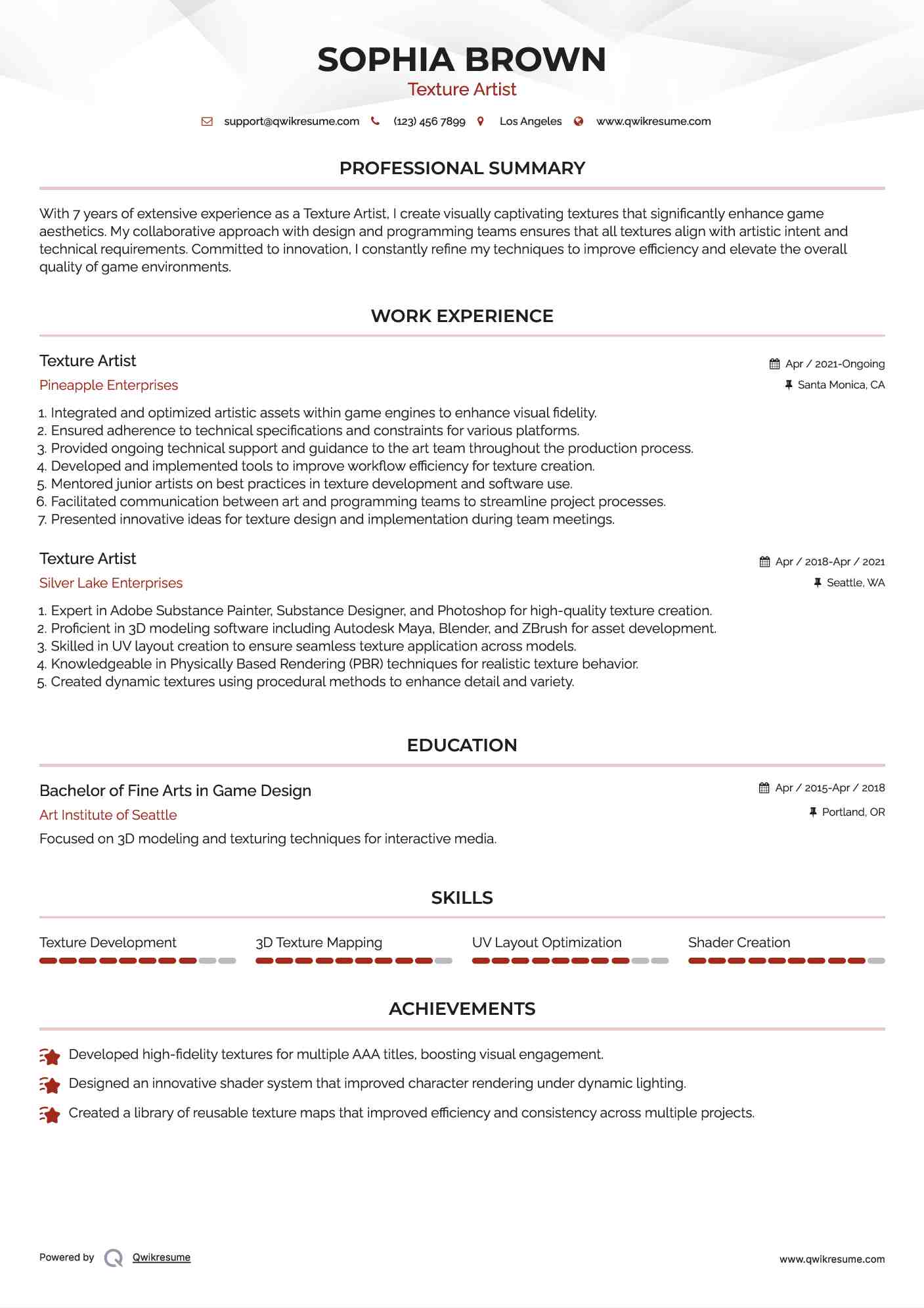 Texture Artist Resume Model