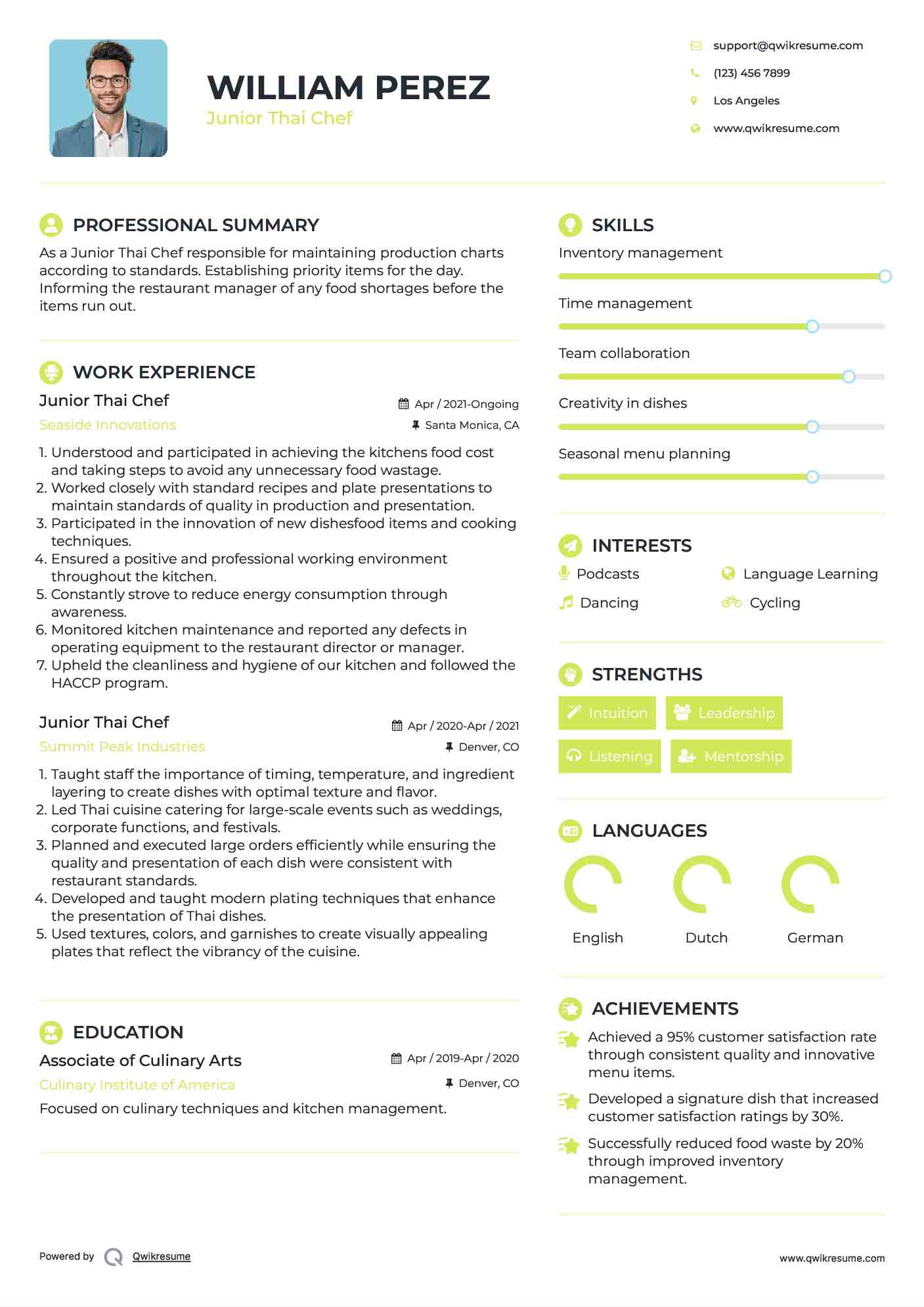 Junior Thai Chef Resume Model