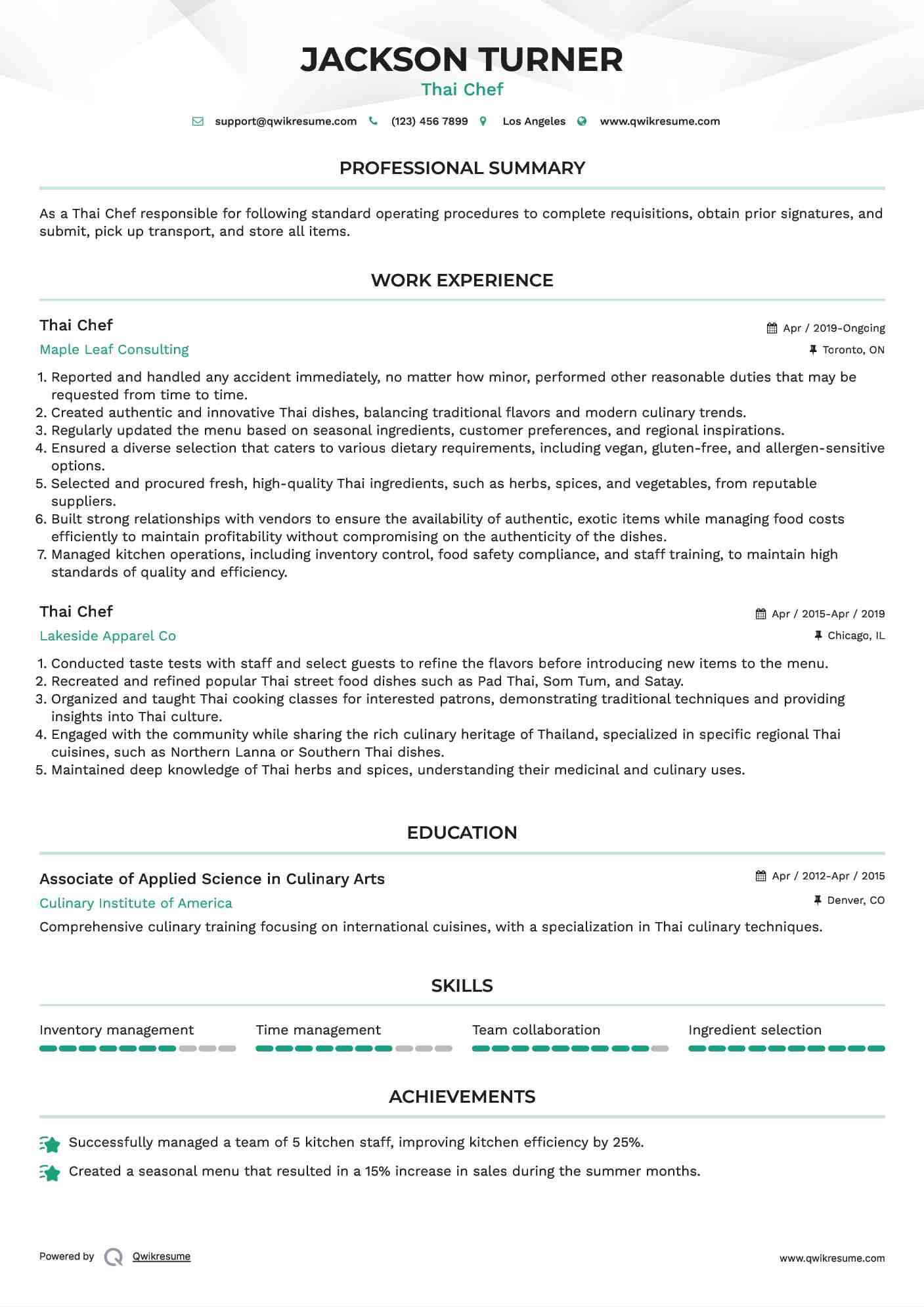 Thai Chef Resume Example