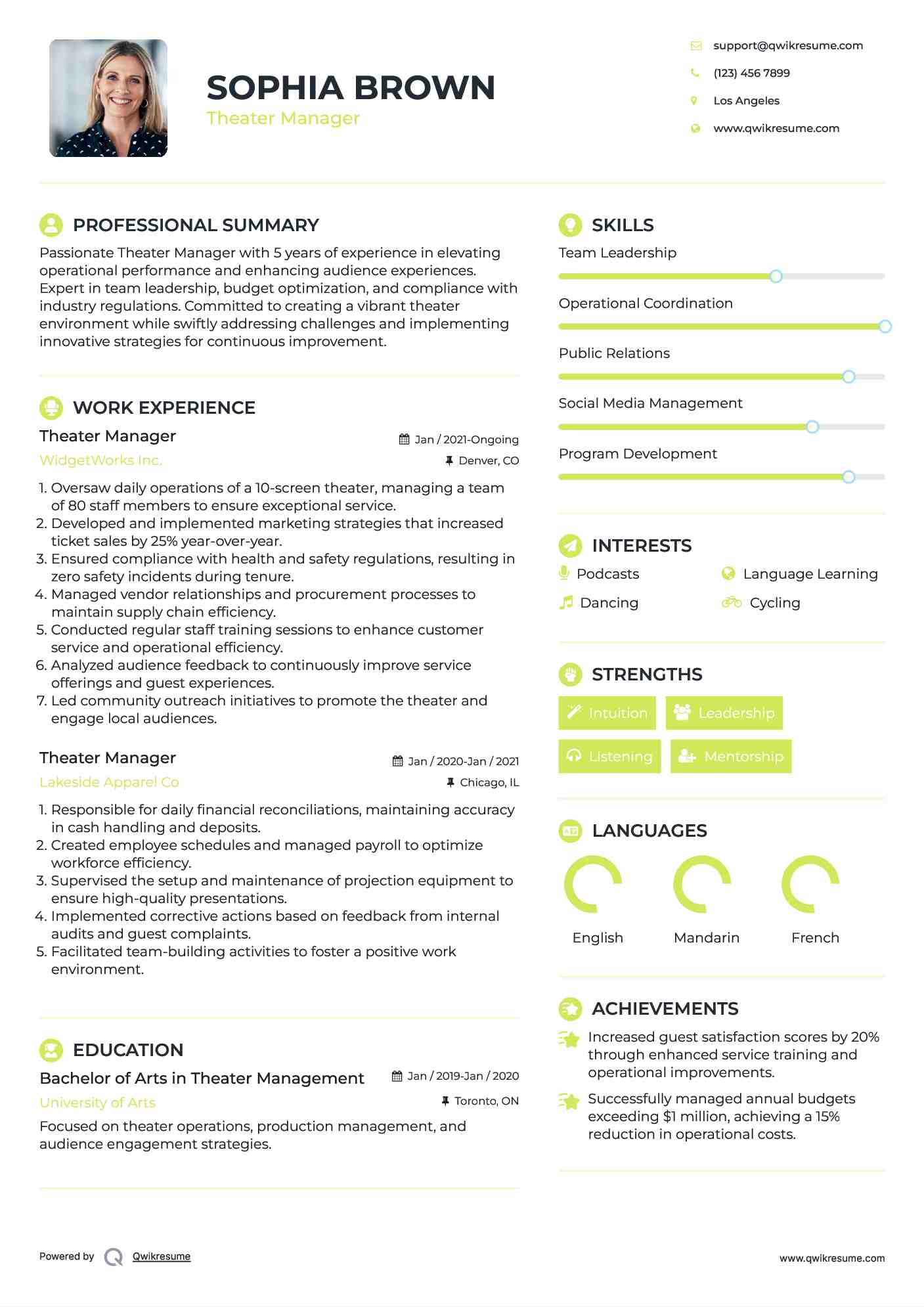 Theater Manager Resume Sample