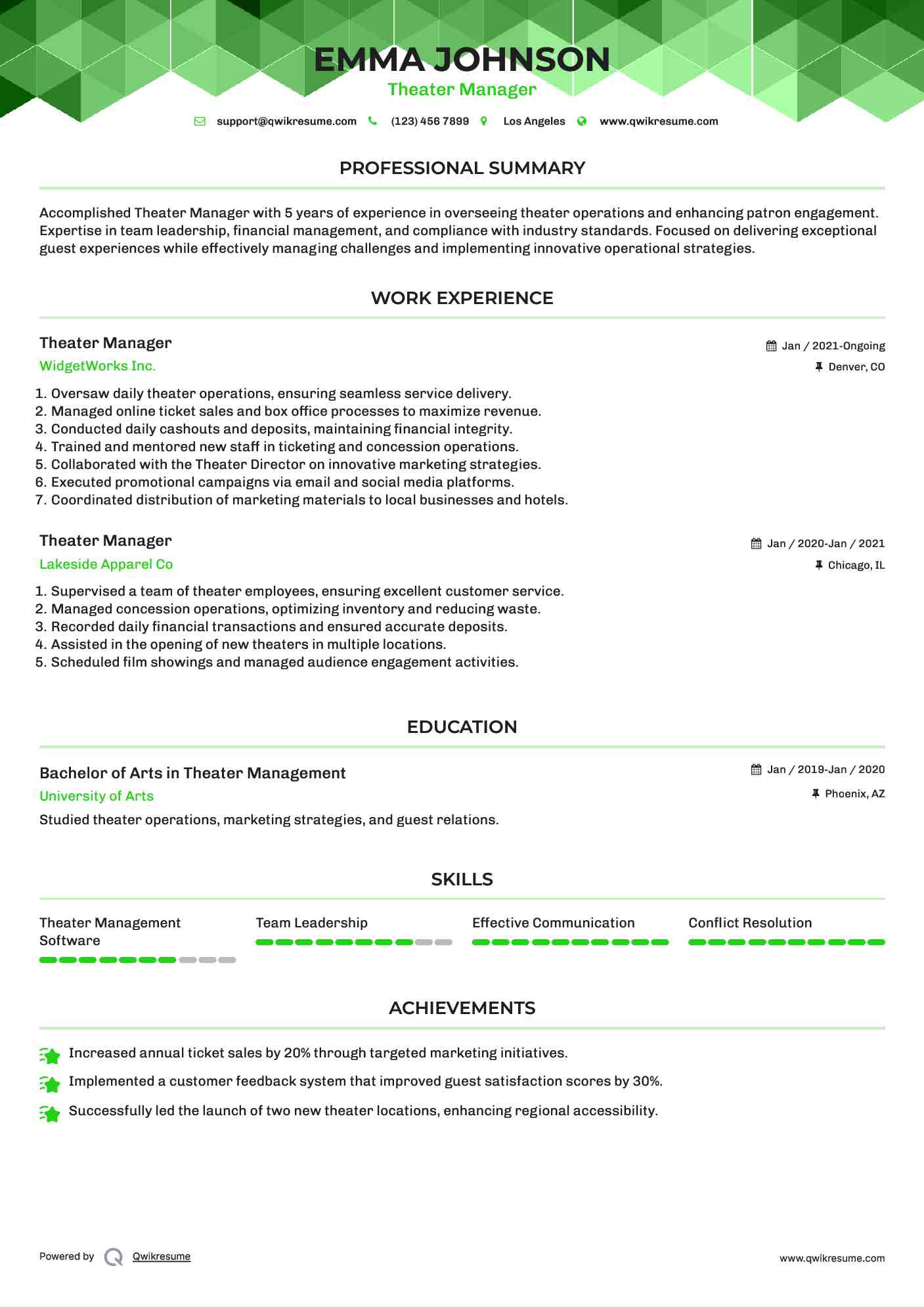 Theater Manager Resume Model