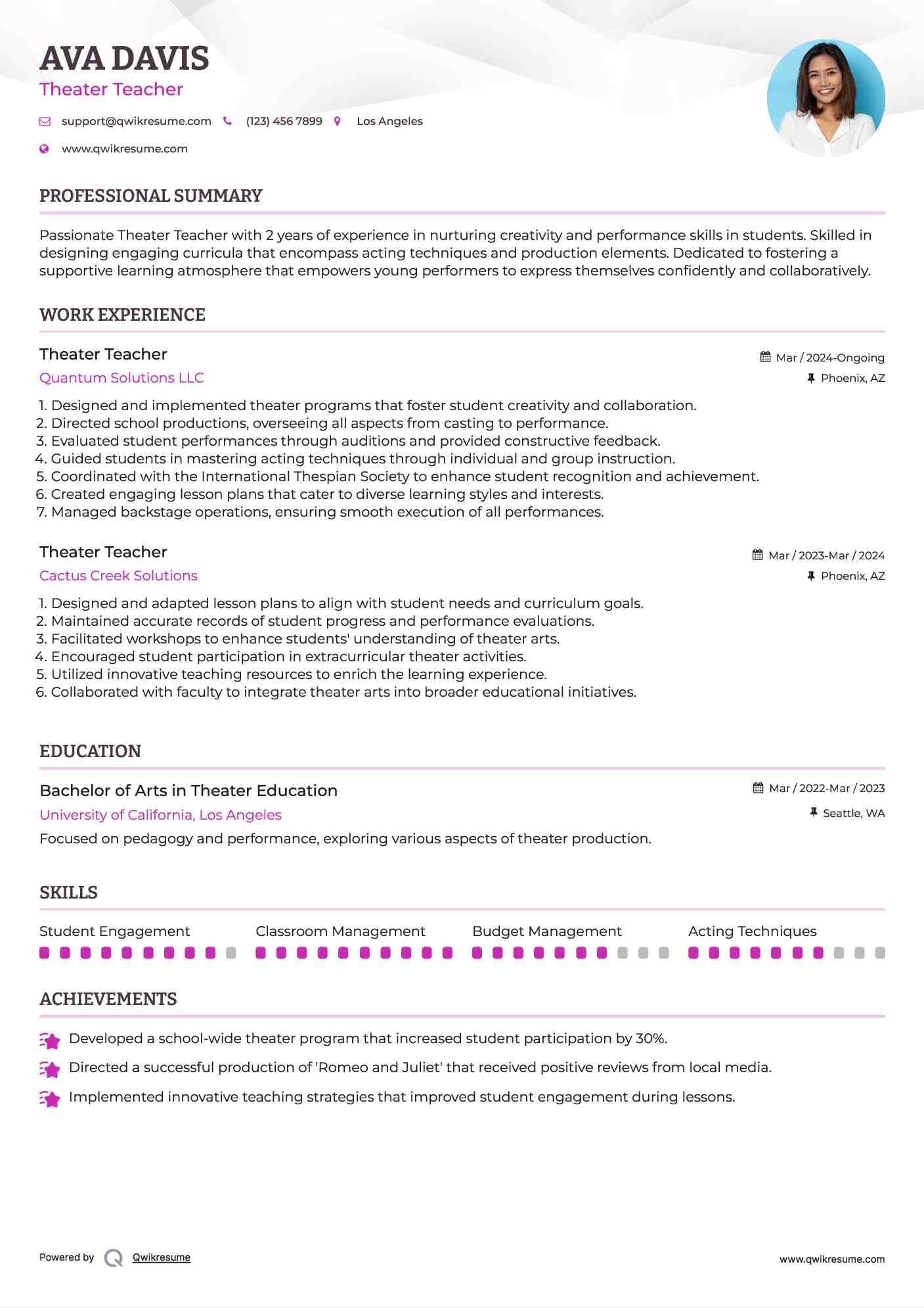 Theater Teacher Resume Sample