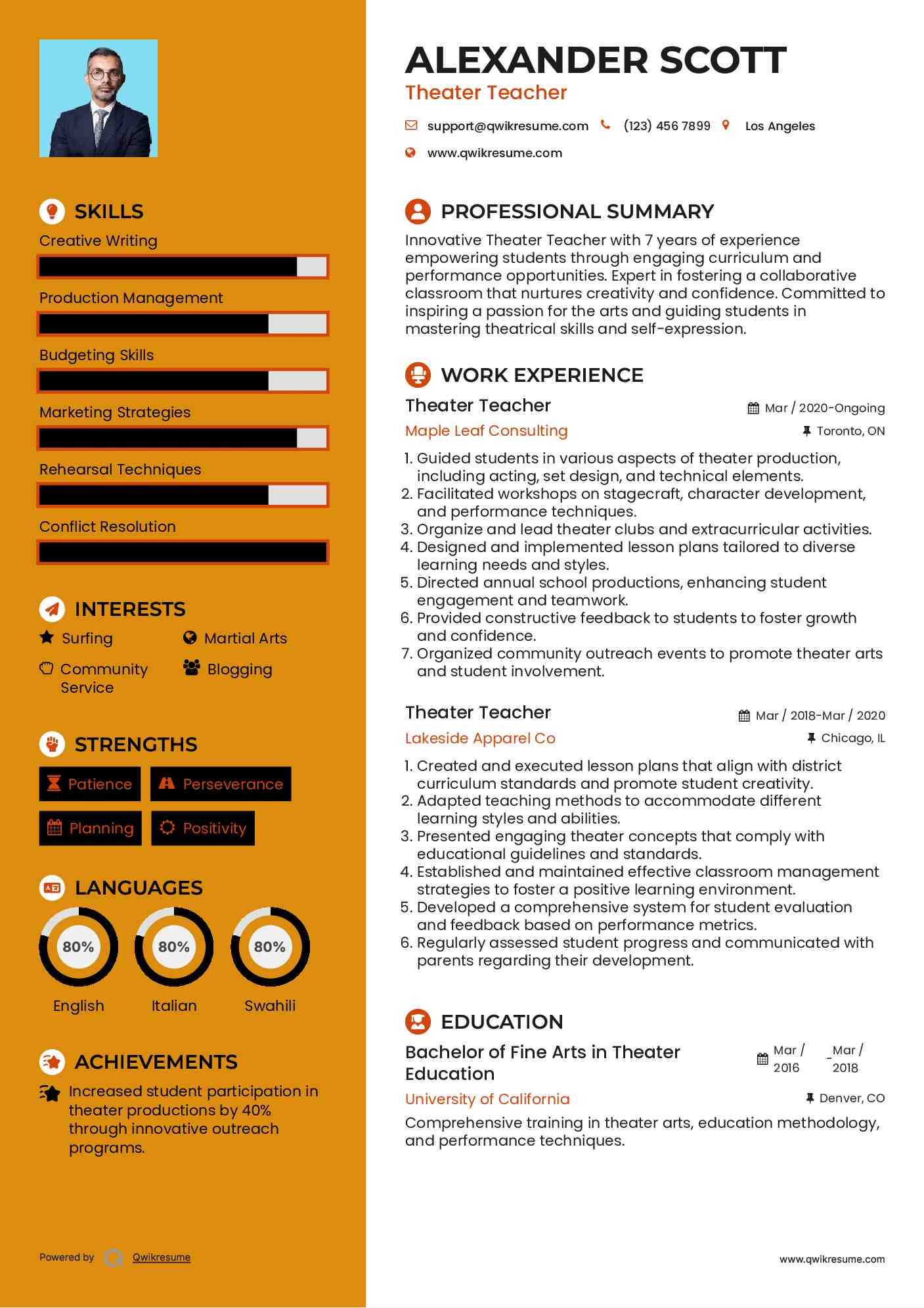 Theater Teacher Resume Example