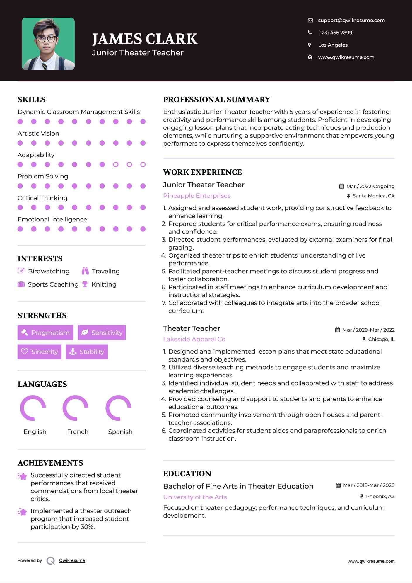 Junior Theater Teacher Resume Template
