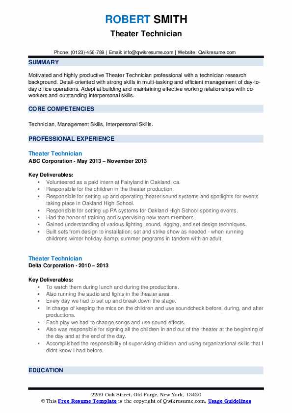 Theater Technician Resume Samples QwikResume