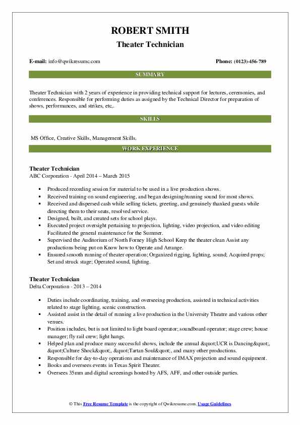 Theater Technician Resume Samples QwikResume