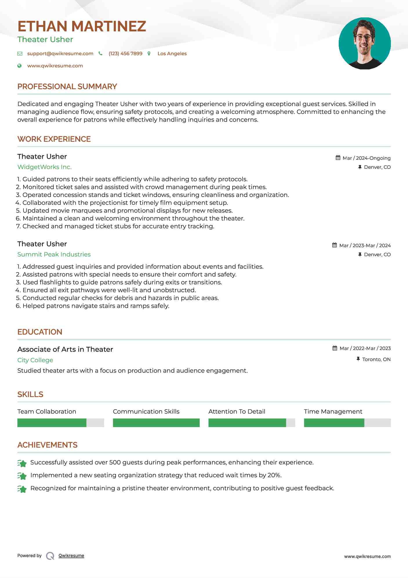 Theater Usher Resume Format