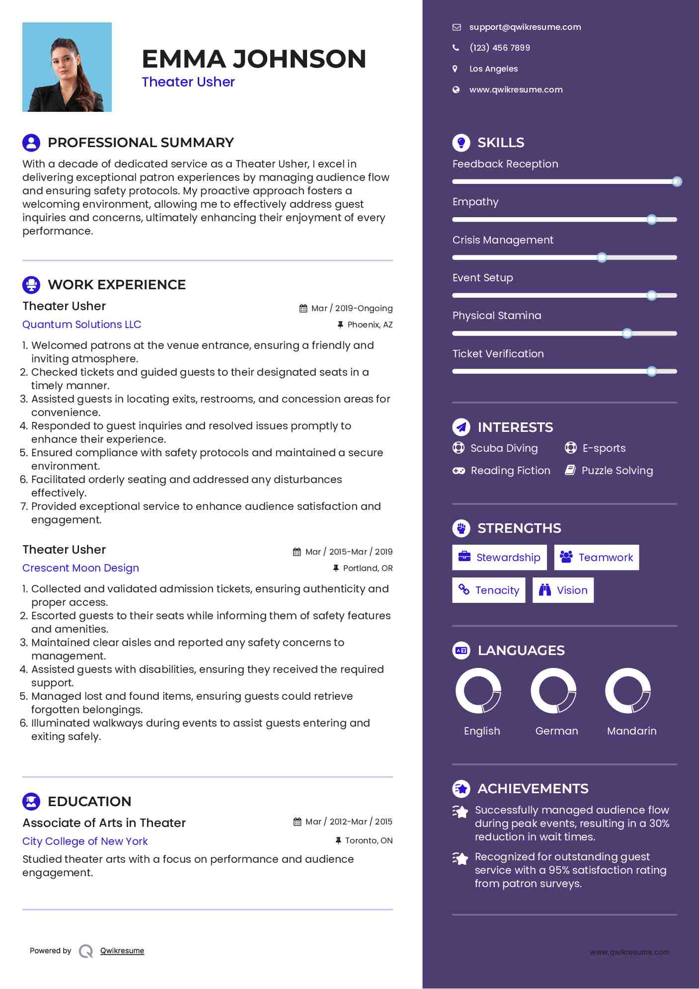 Theater Usher Resume Format