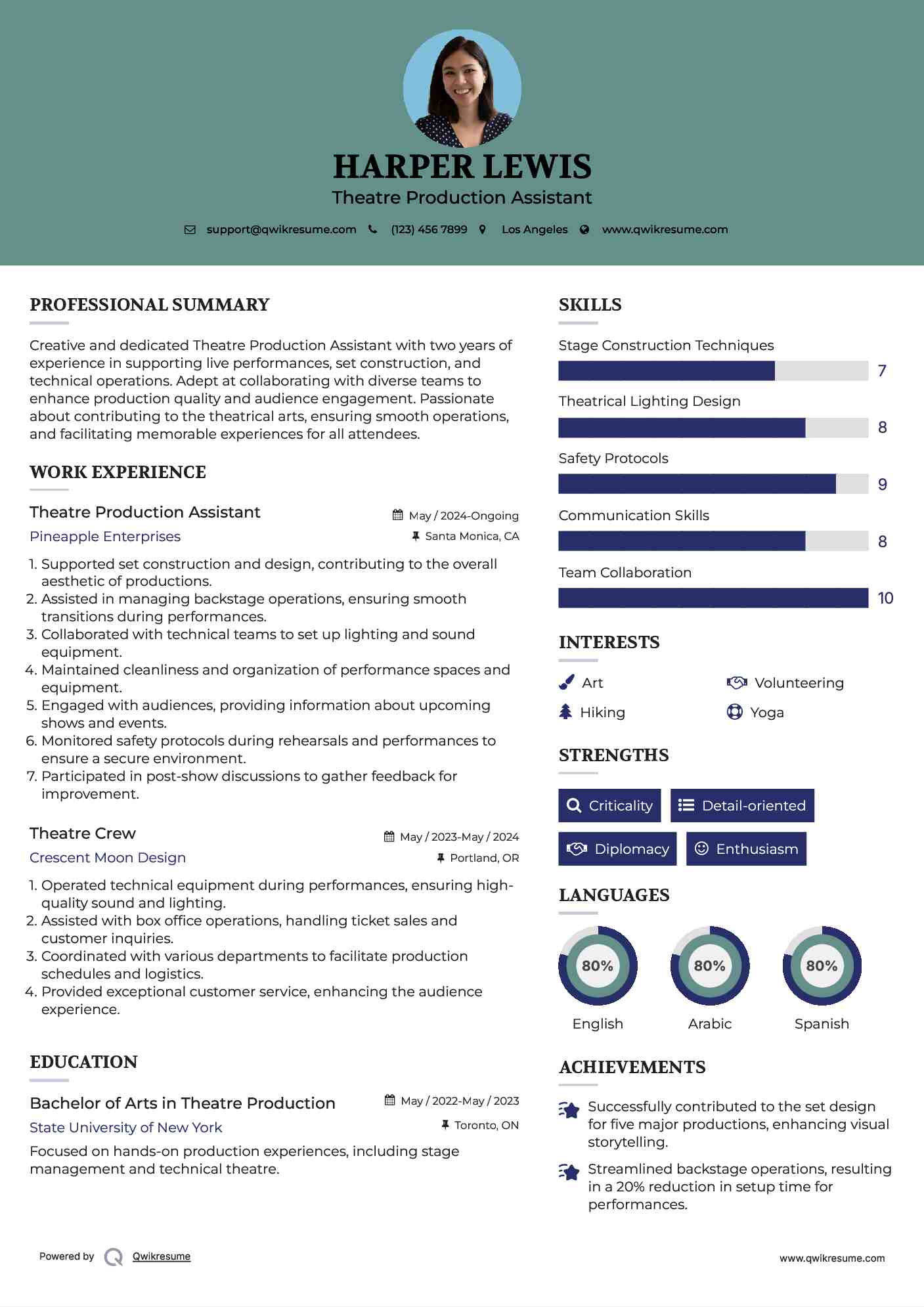 Theatre Production Assistant Resume Example