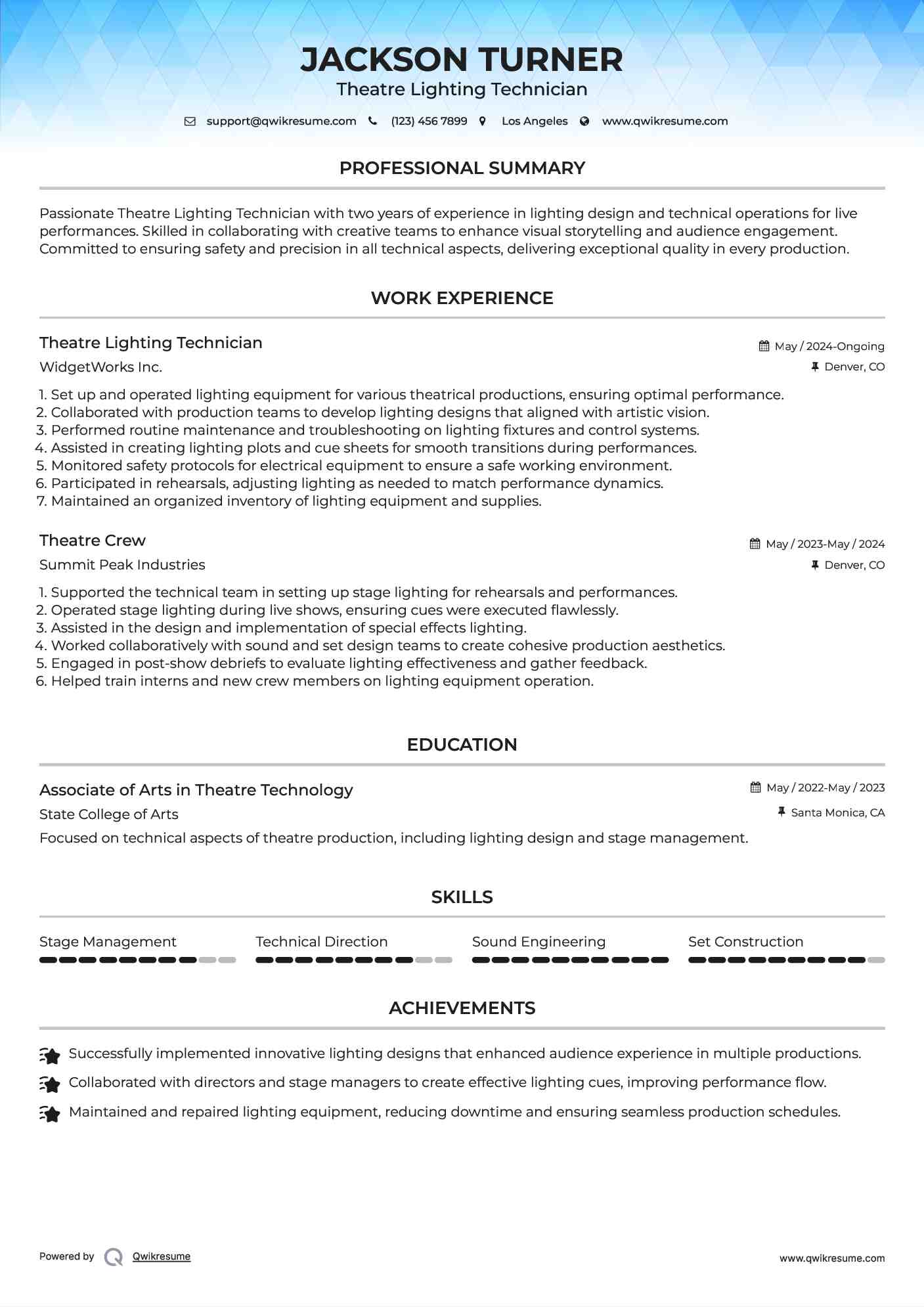 Theatre Lighting Technician Resume Example