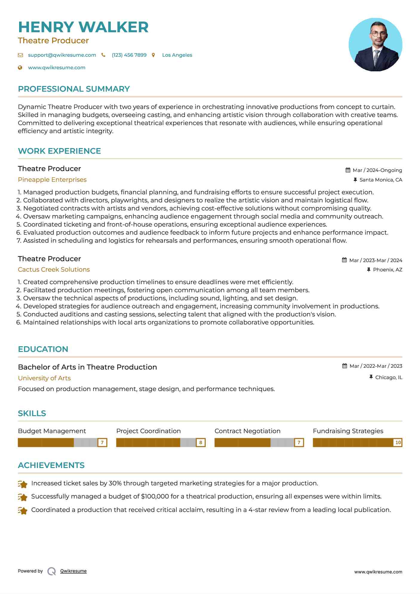 Theatre Producer Resume Sample