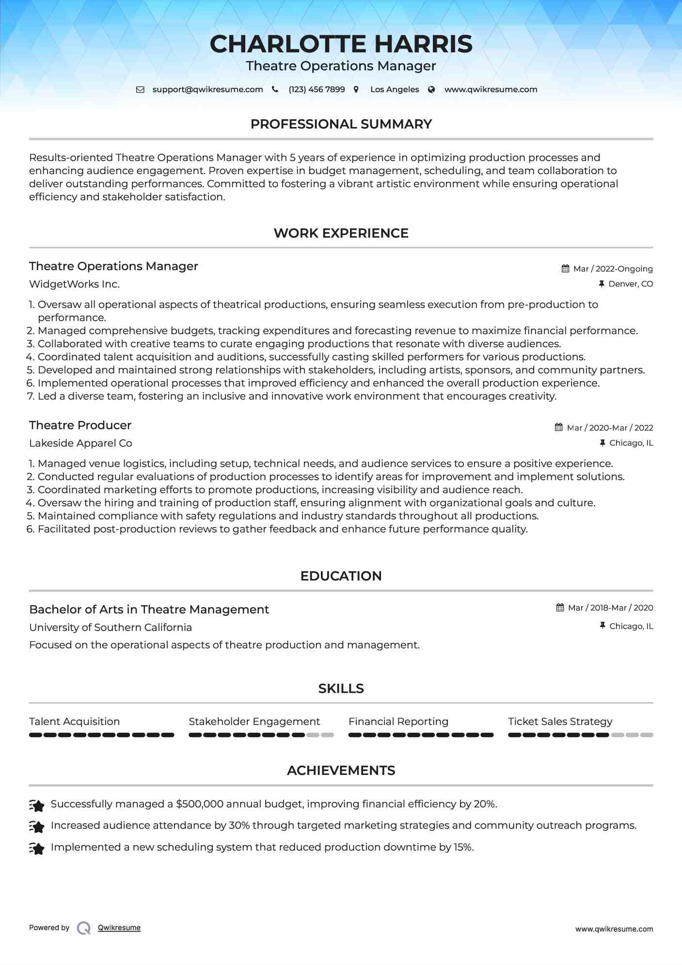 Theatre Operations Manager Resume Template