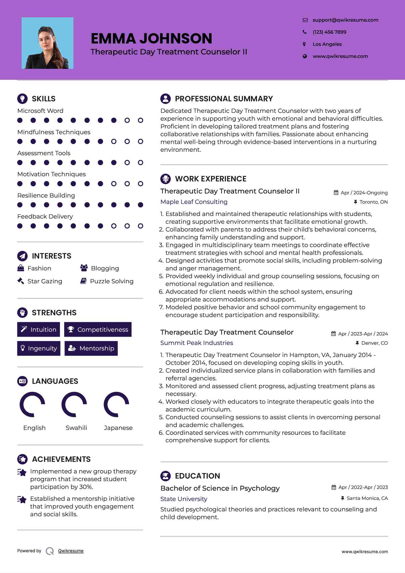 Therapeutic Day Treatment Counselor II Resume Model