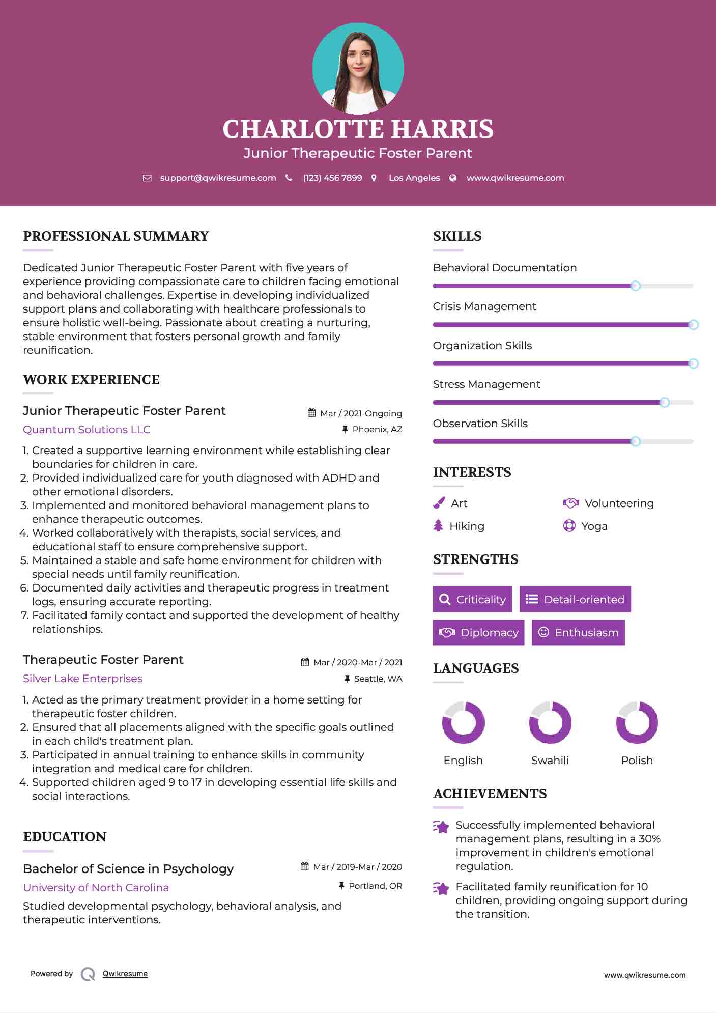 Junior Therapeutic Foster Parent Resume Template