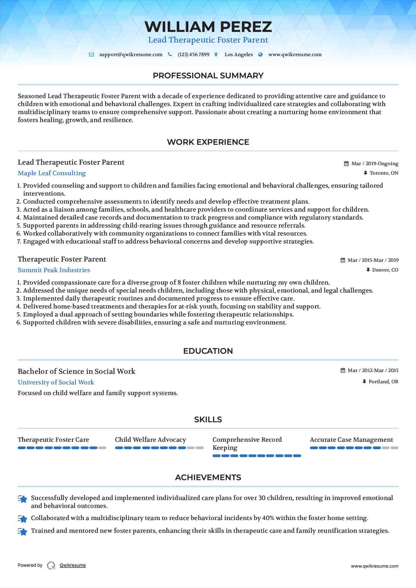 Lead Therapeutic Foster Parent Resume Sample