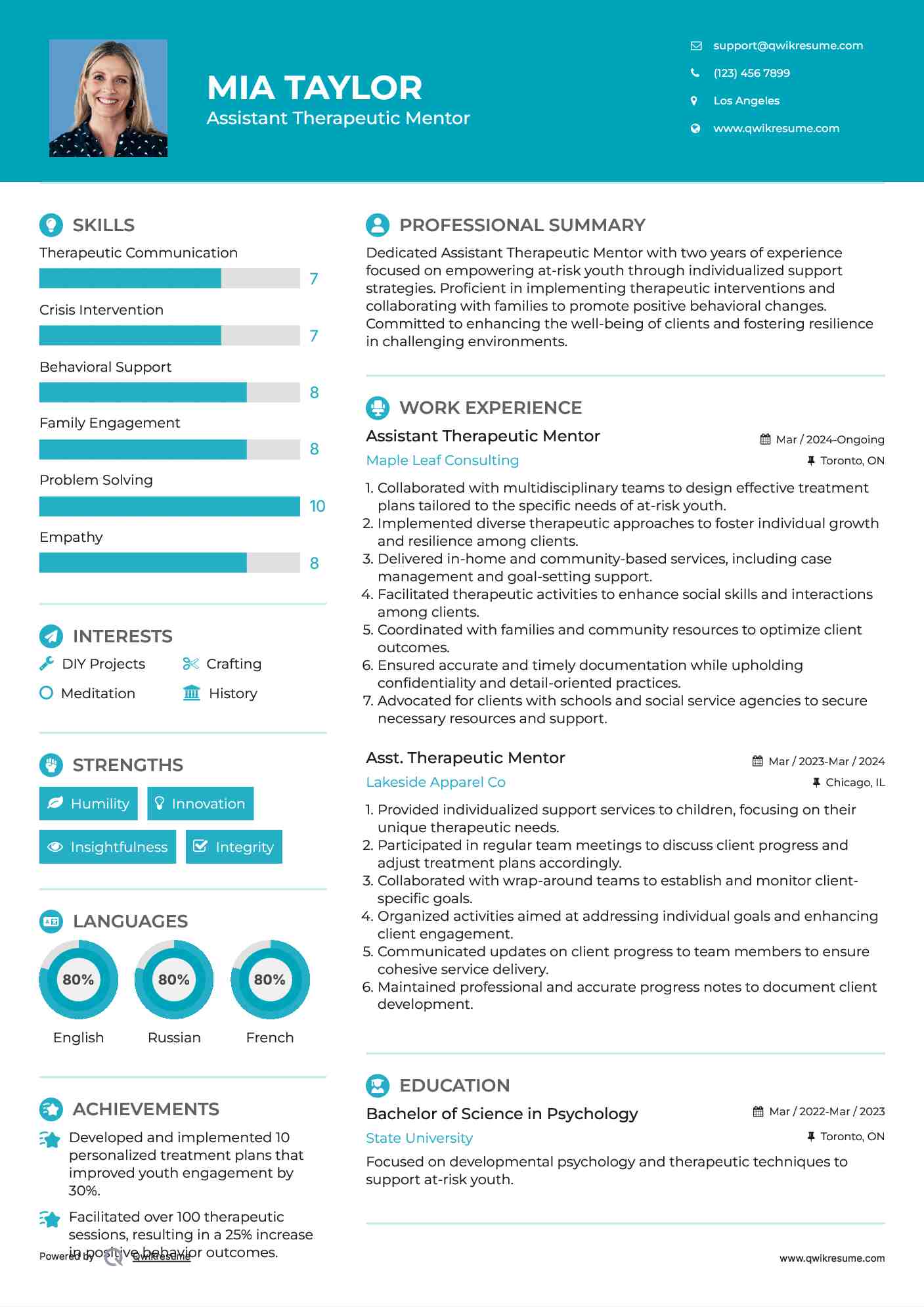 Assistant Therapeutic Mentor  Resume Sample