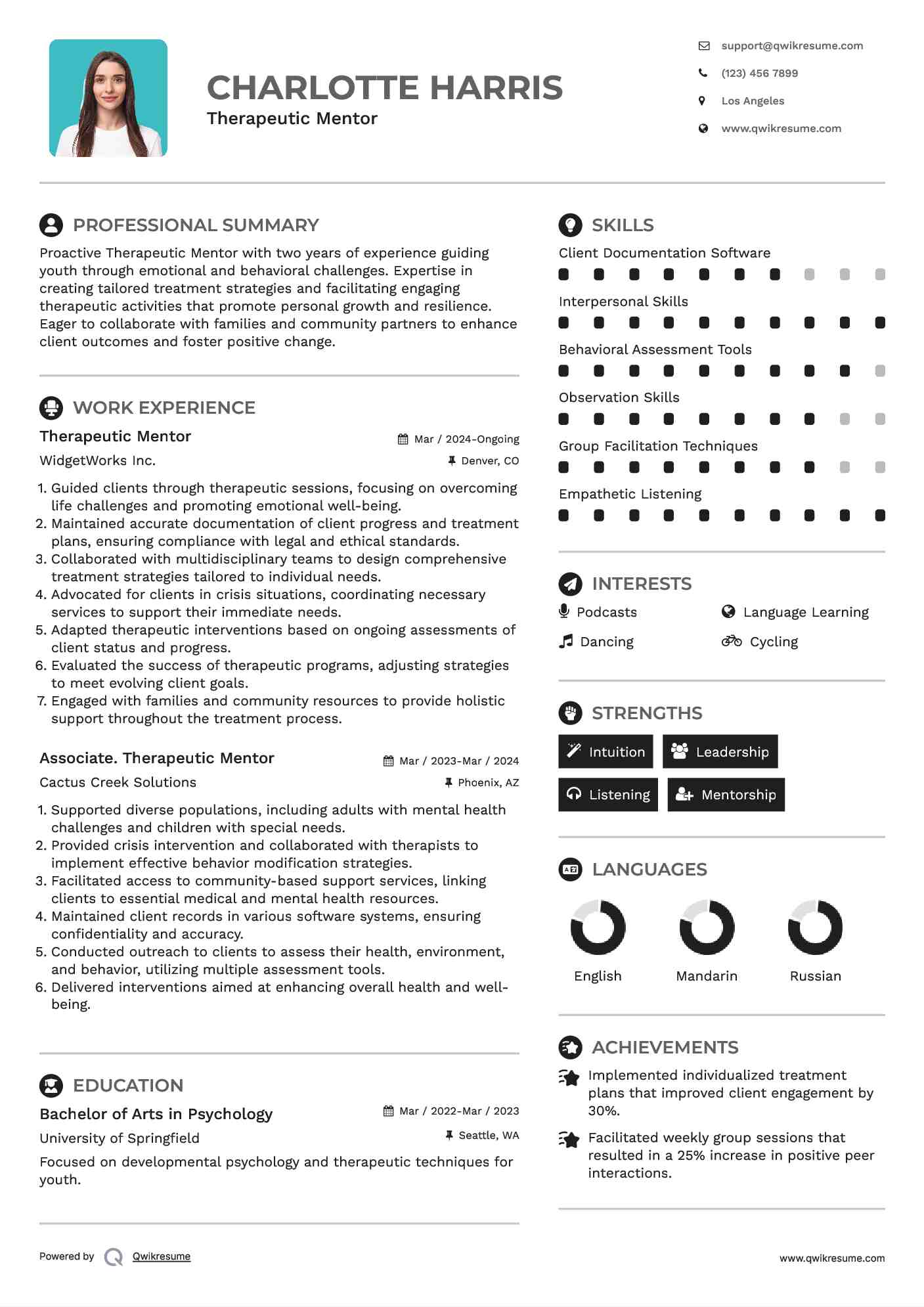 Therapeutic Mentor Resume Example