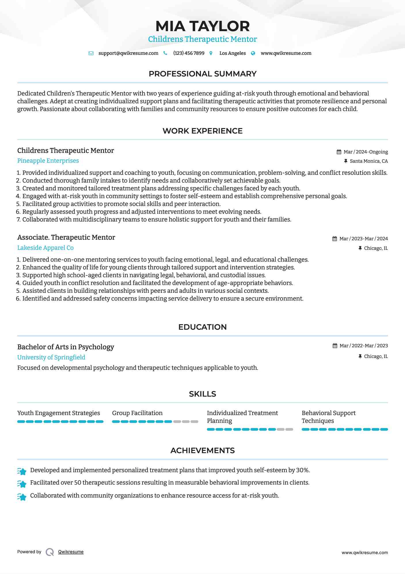 Childrens Therapeutic Mentor  Resume Sample