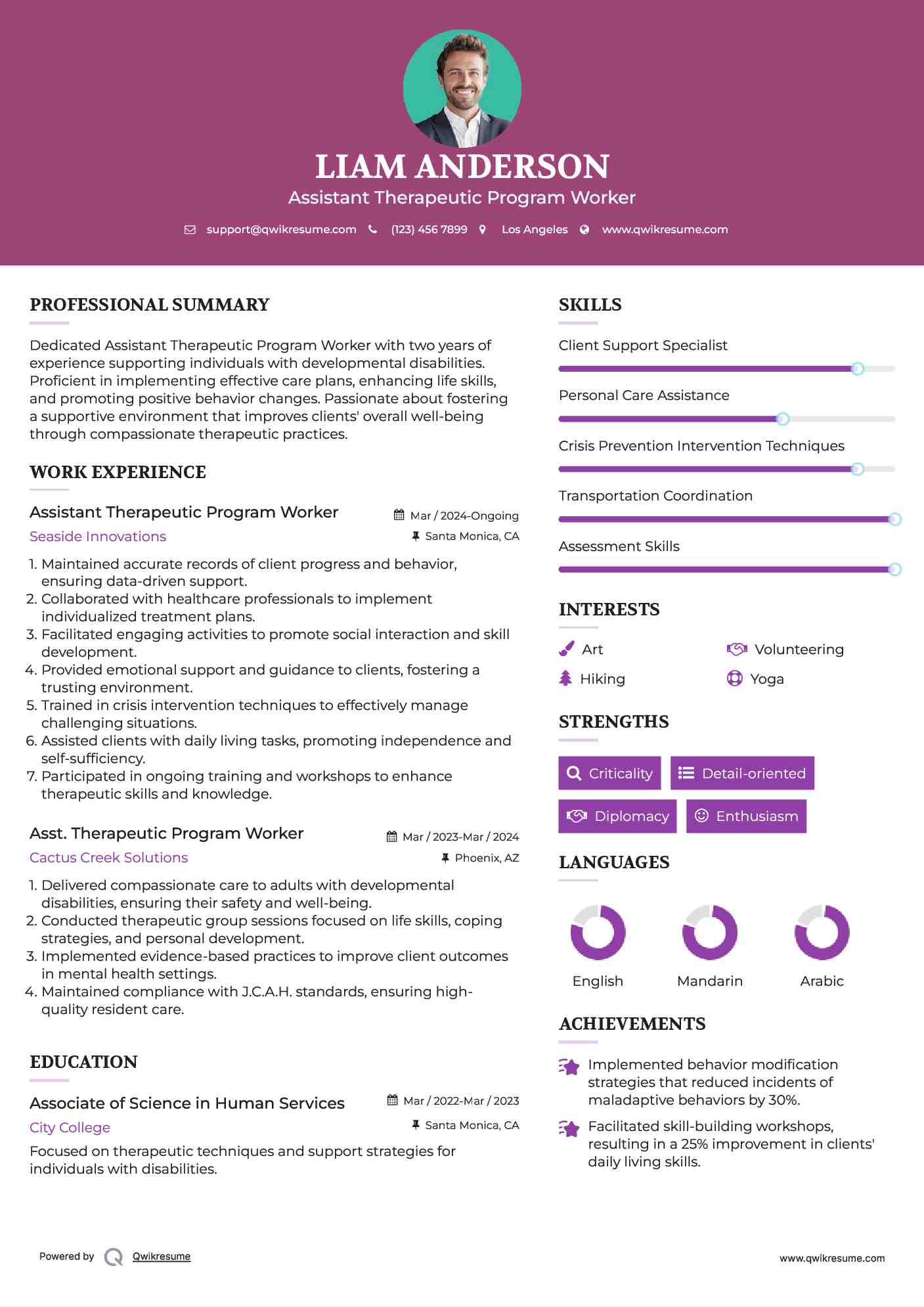  Assistant Therapeutic Program Worker Resume Example