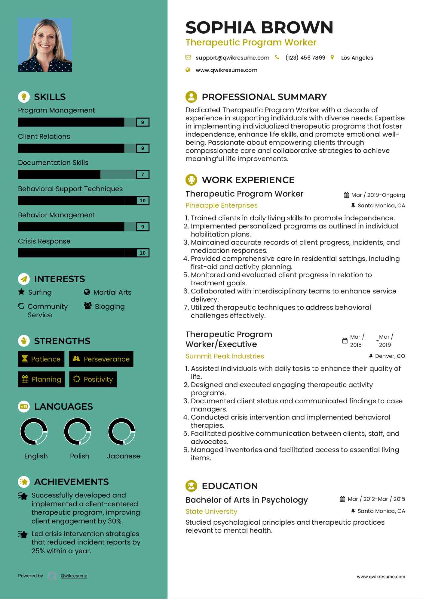 Therapeutic Program Worker Resume Sample