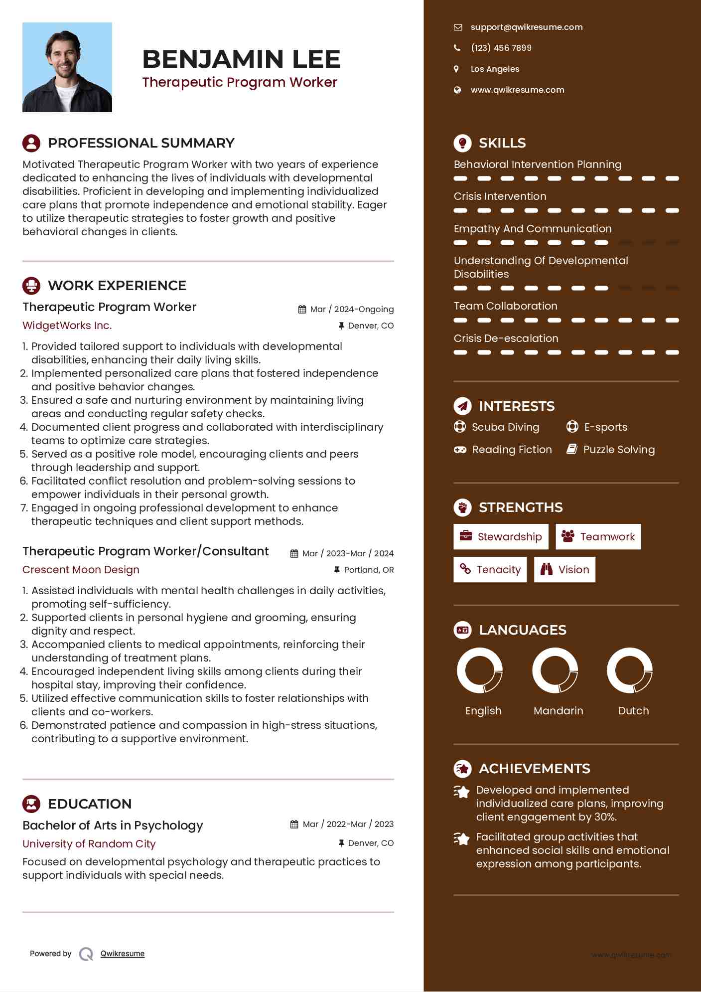 Therapeutic Program Worker Resume Sample