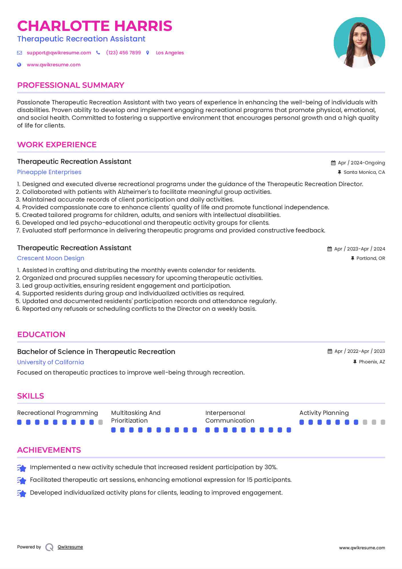Therapeutic Recreation Assistant Resume Example