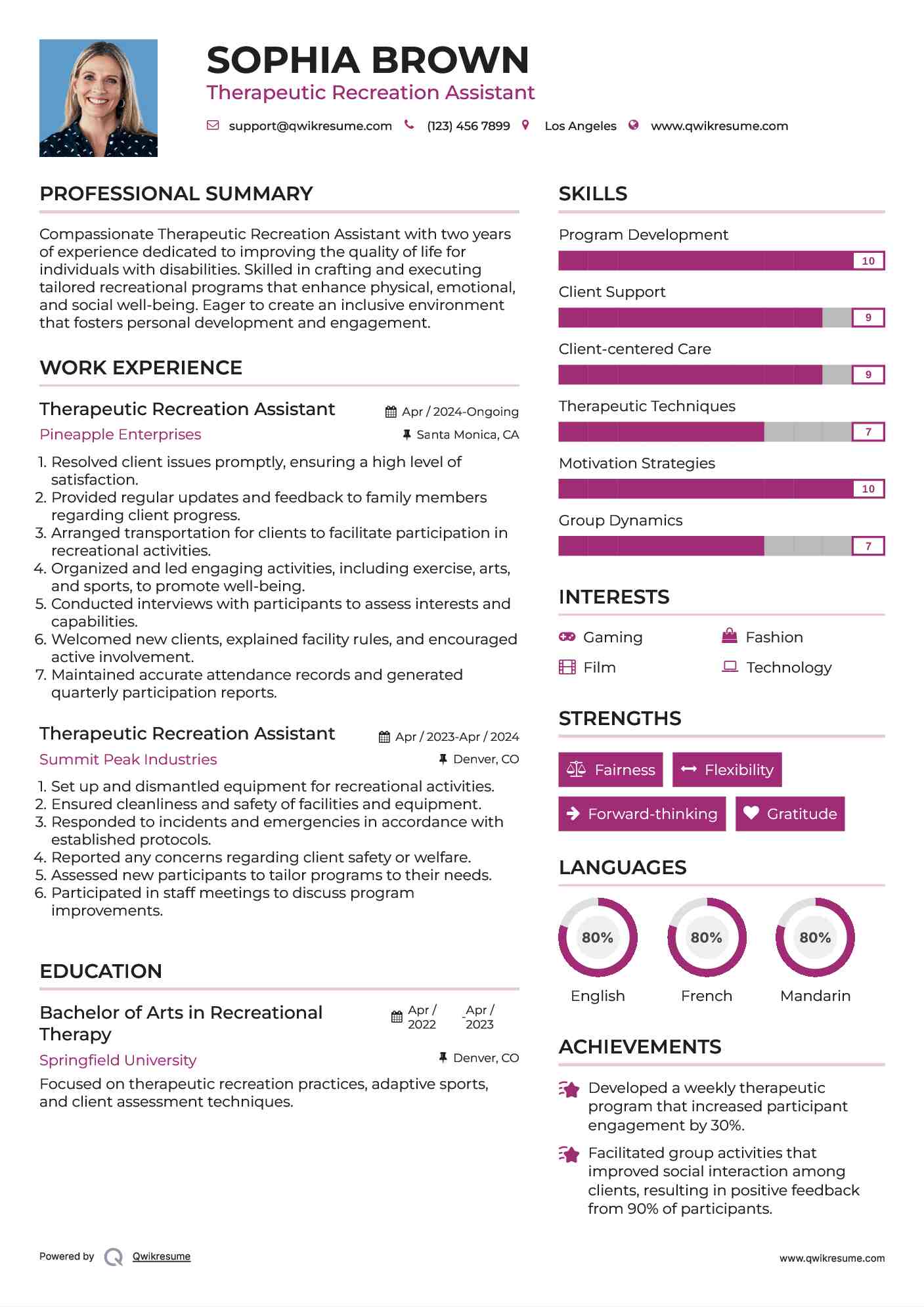 Therapeutic Recreation Assistant Resume Example
