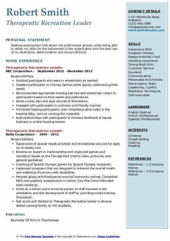 Therapeutic Recreation Leader Resume Samples QwikResume