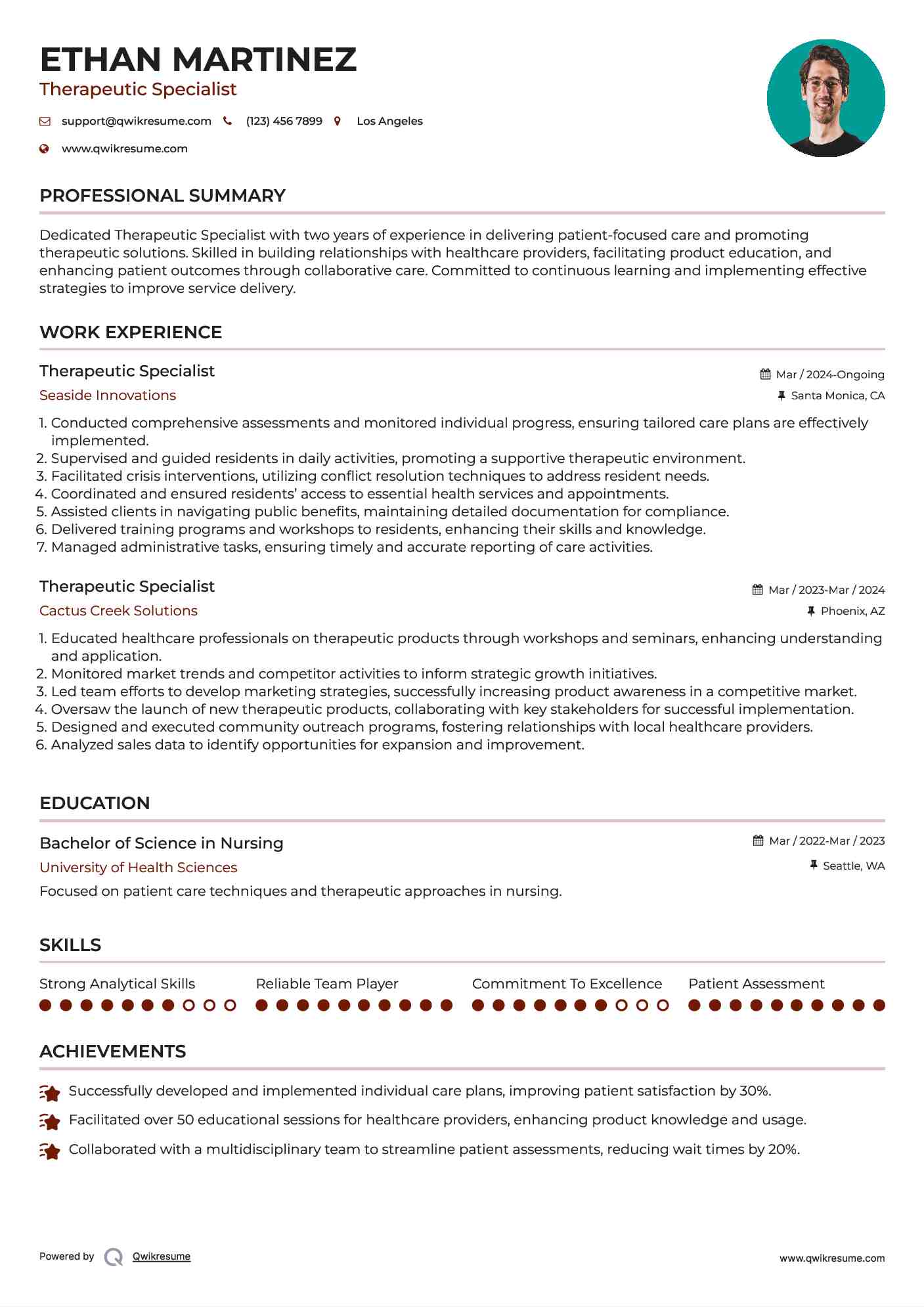 Therapeutic Specialist Resume Format