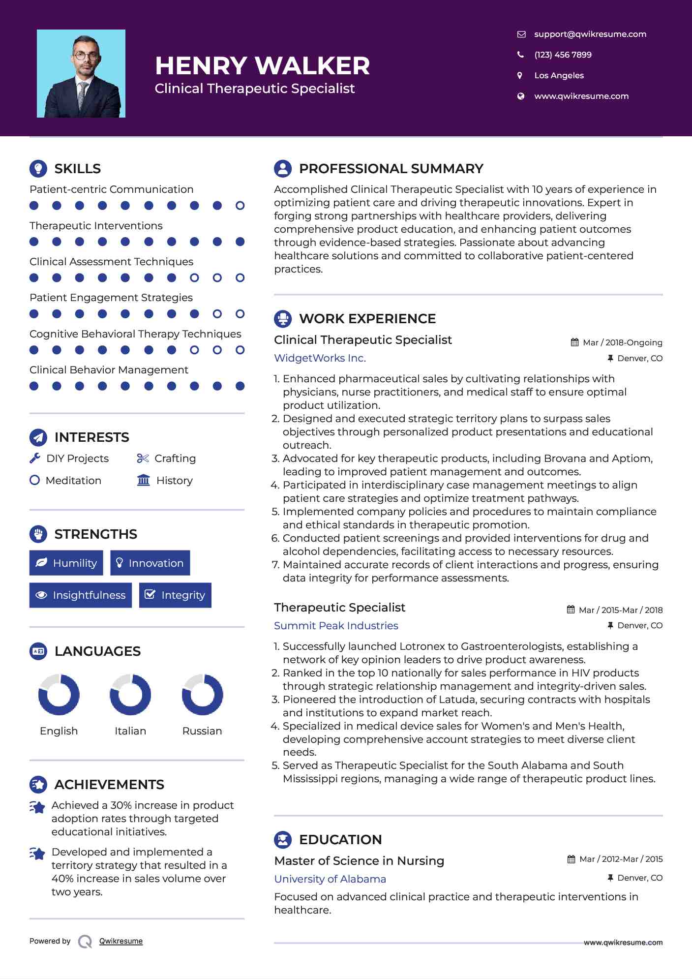 Clinical Therapeutic Specialist Resume Model