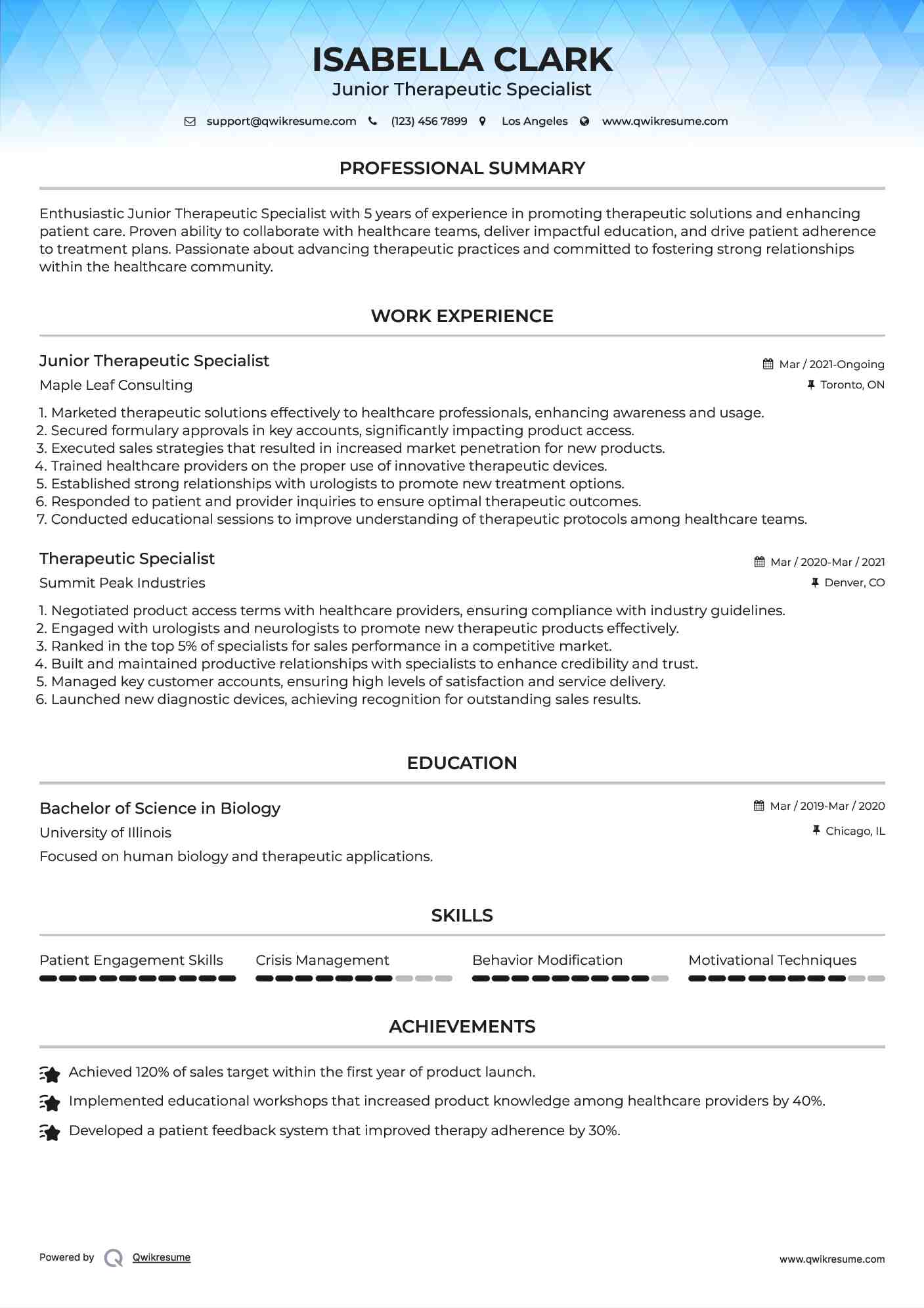 Junior Therapeutic Specialist Resume Sample