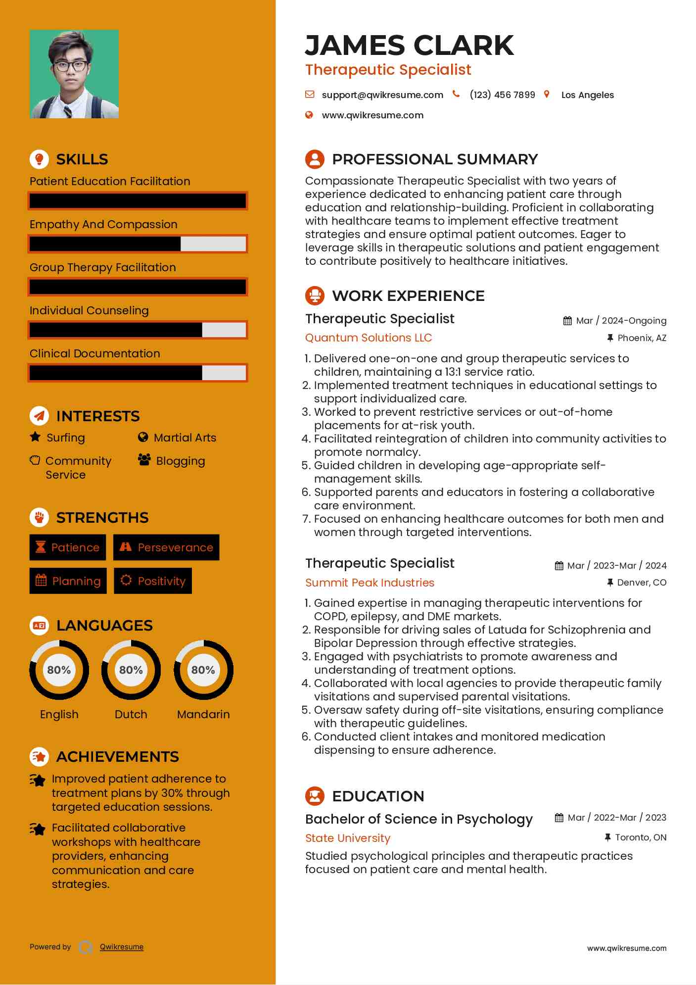 Therapeutic Specialist Resume Sample