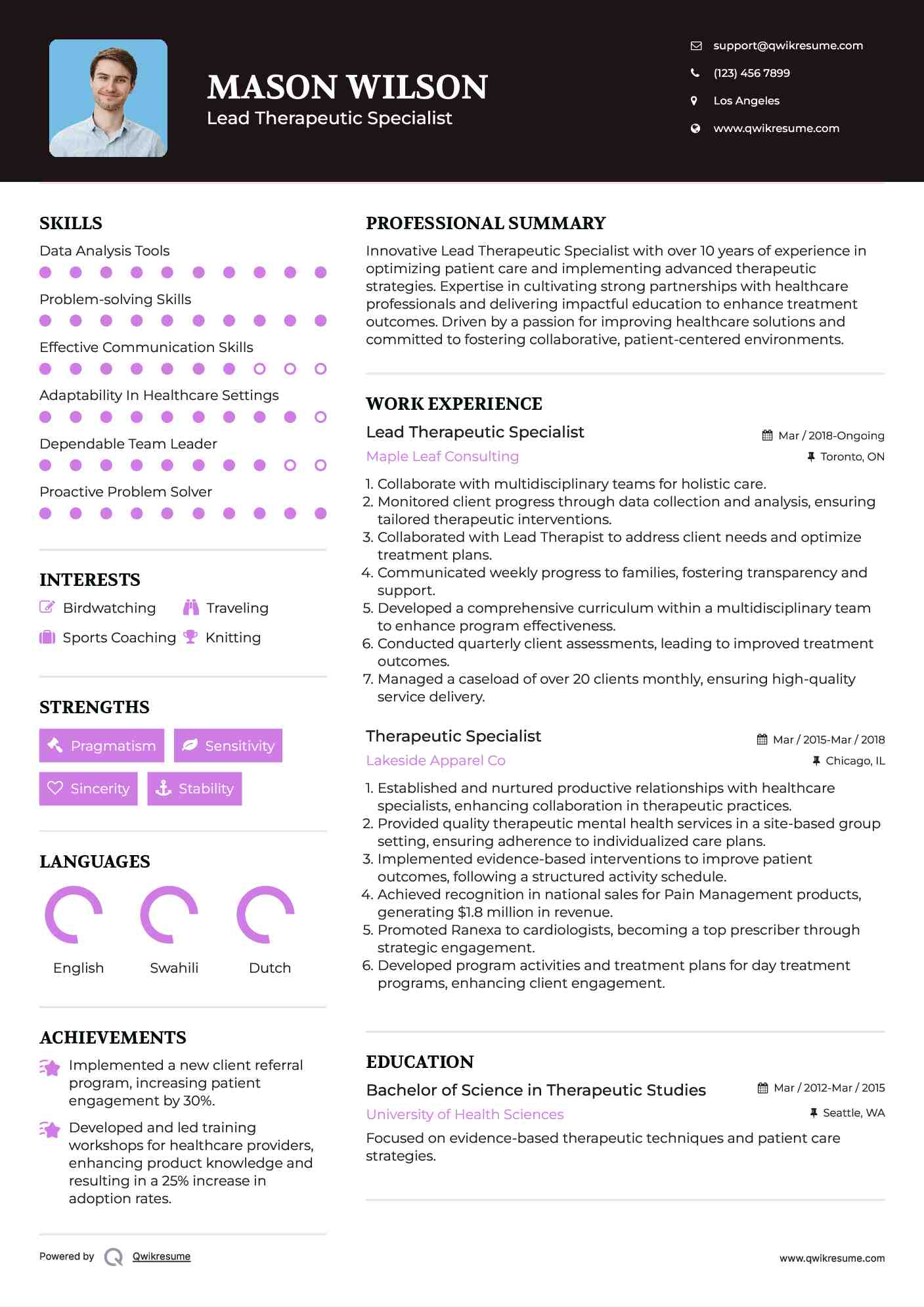Lead Therapeutic Specialist Resume Example