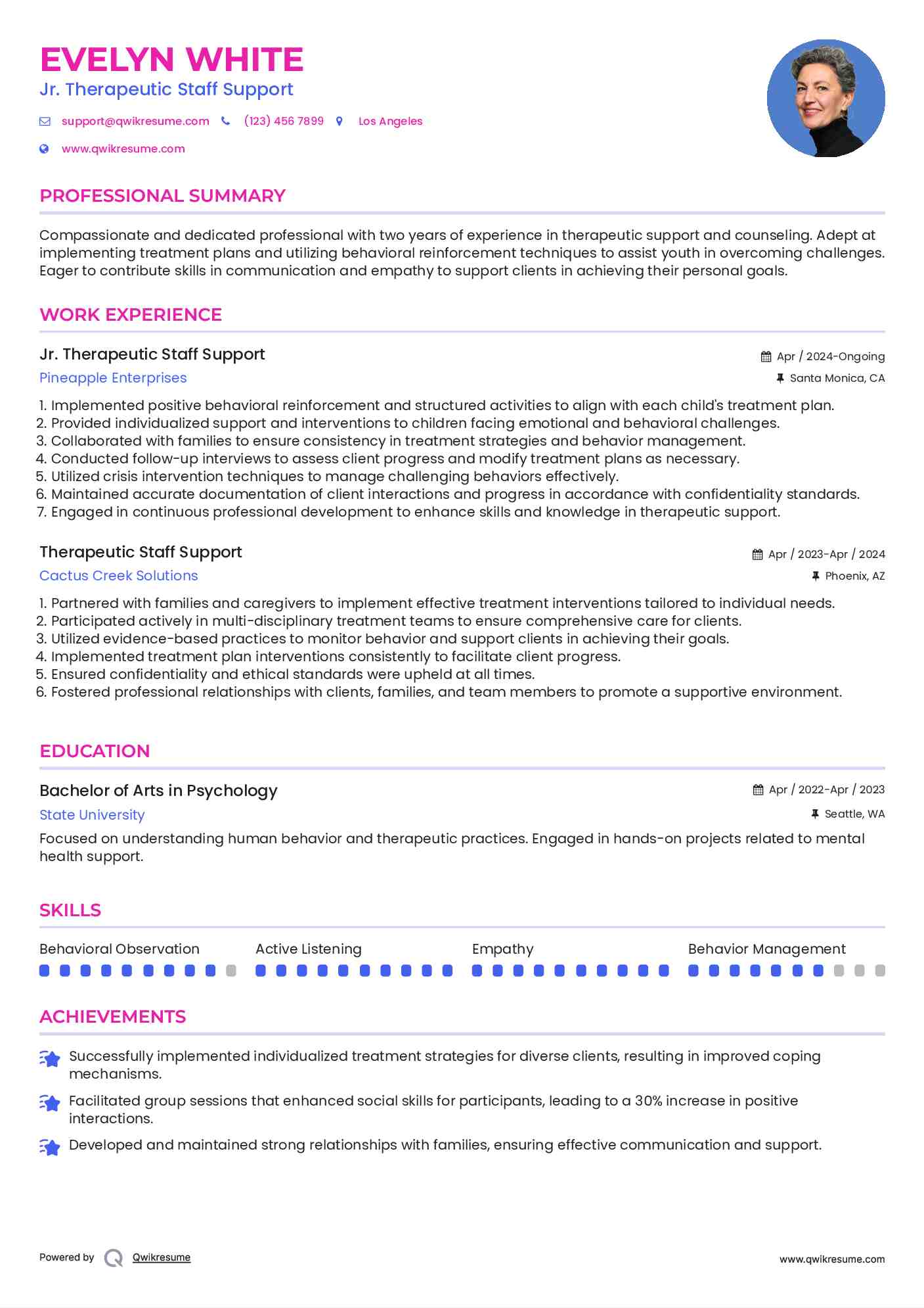 Jr. Therapeutic Staff Support Resume Example