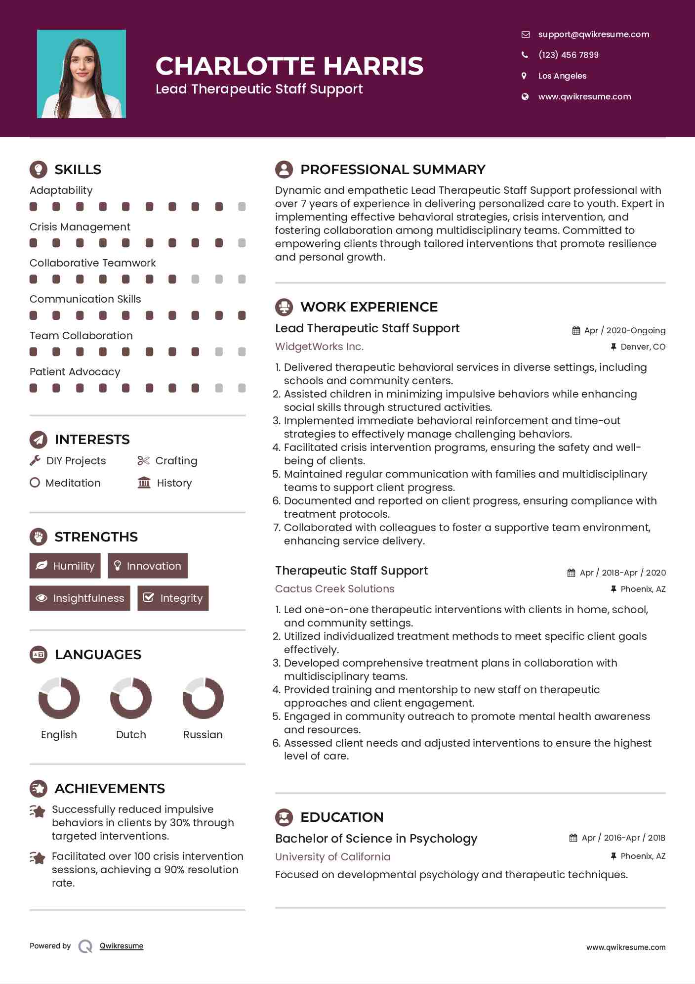 Lead Therapeutic Staff Support Resume Example