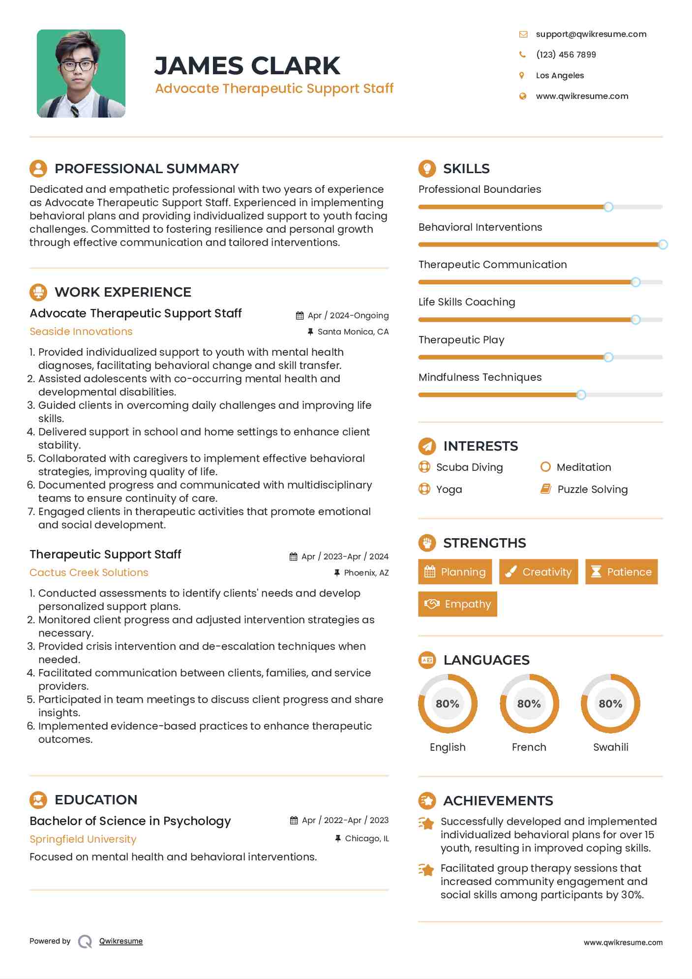 Advocate Therapeutic Support Staff Resume Format