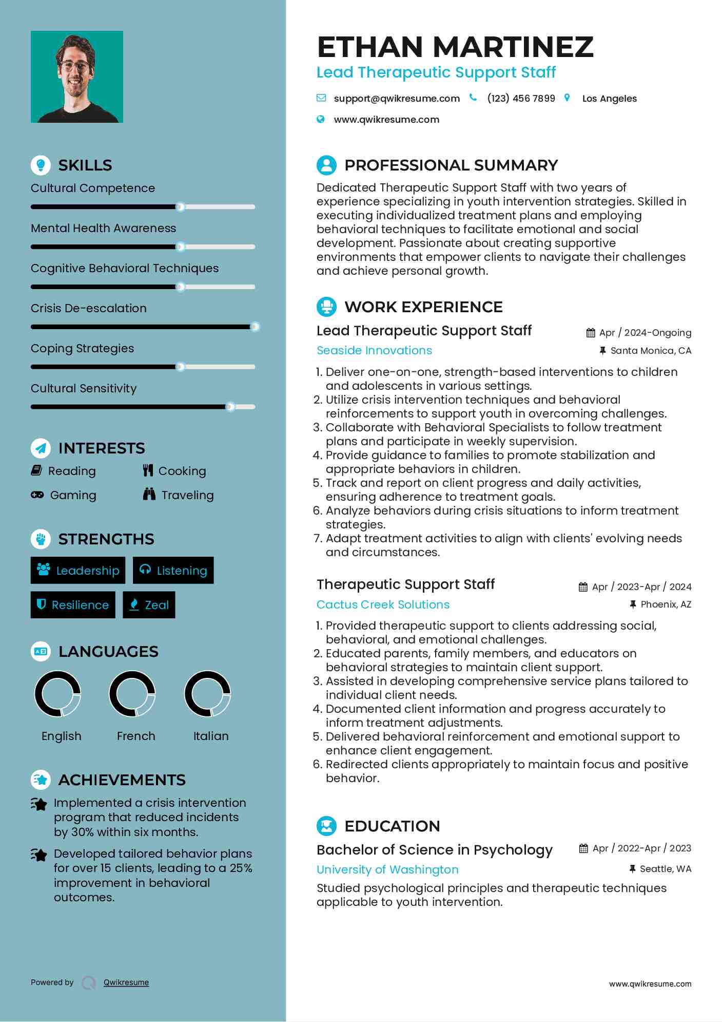 Lead Therapeutic Support Staff Resume Example