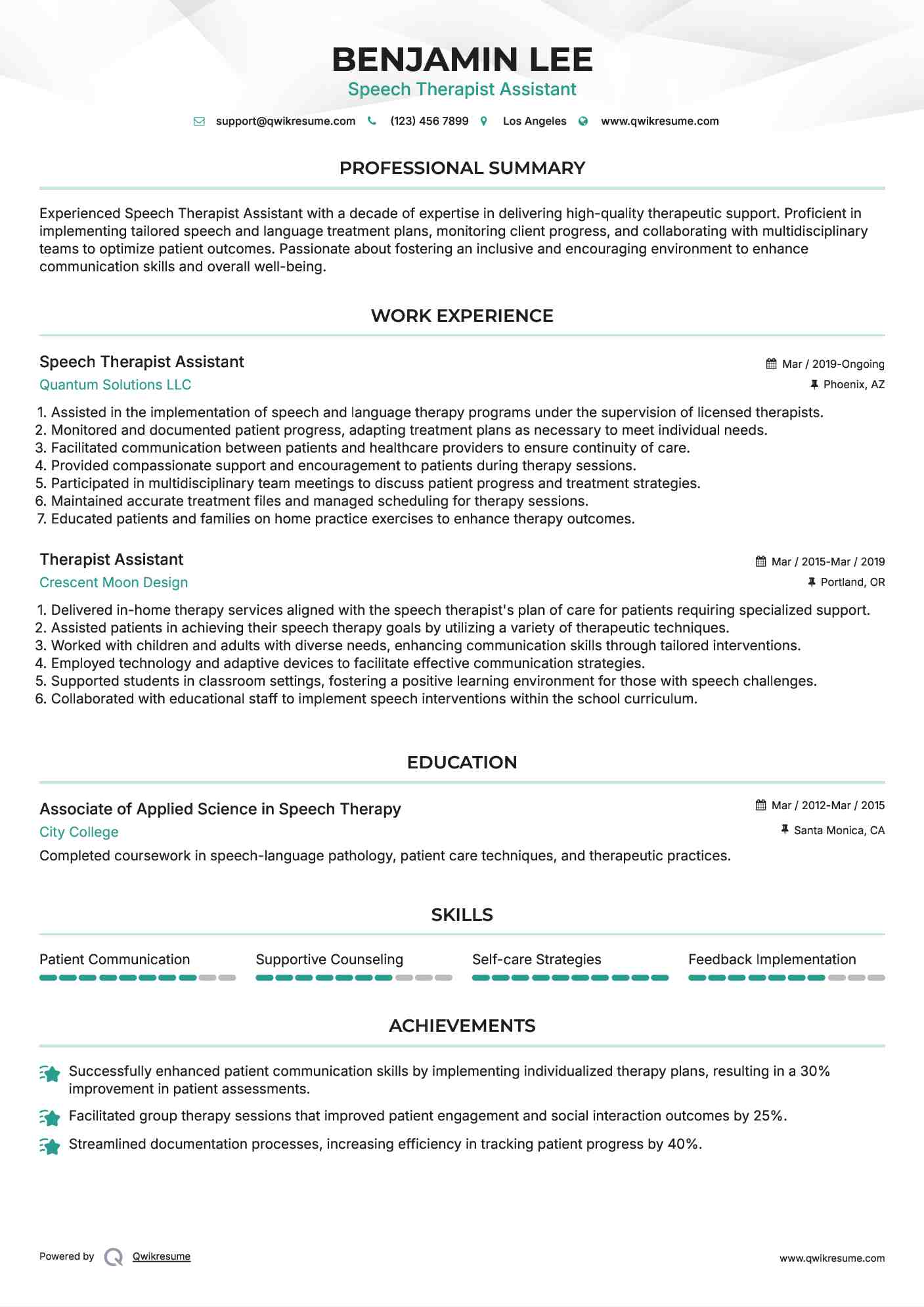 Speech Therapist Assistant Resume Example