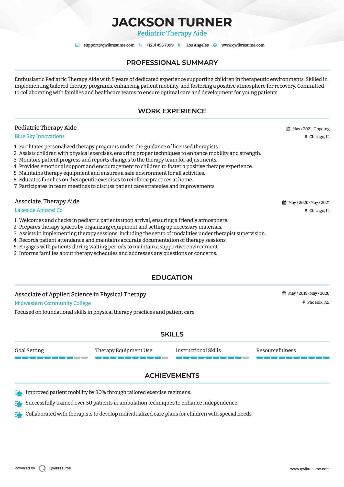 Pediatric Therapy Aide Resume Model